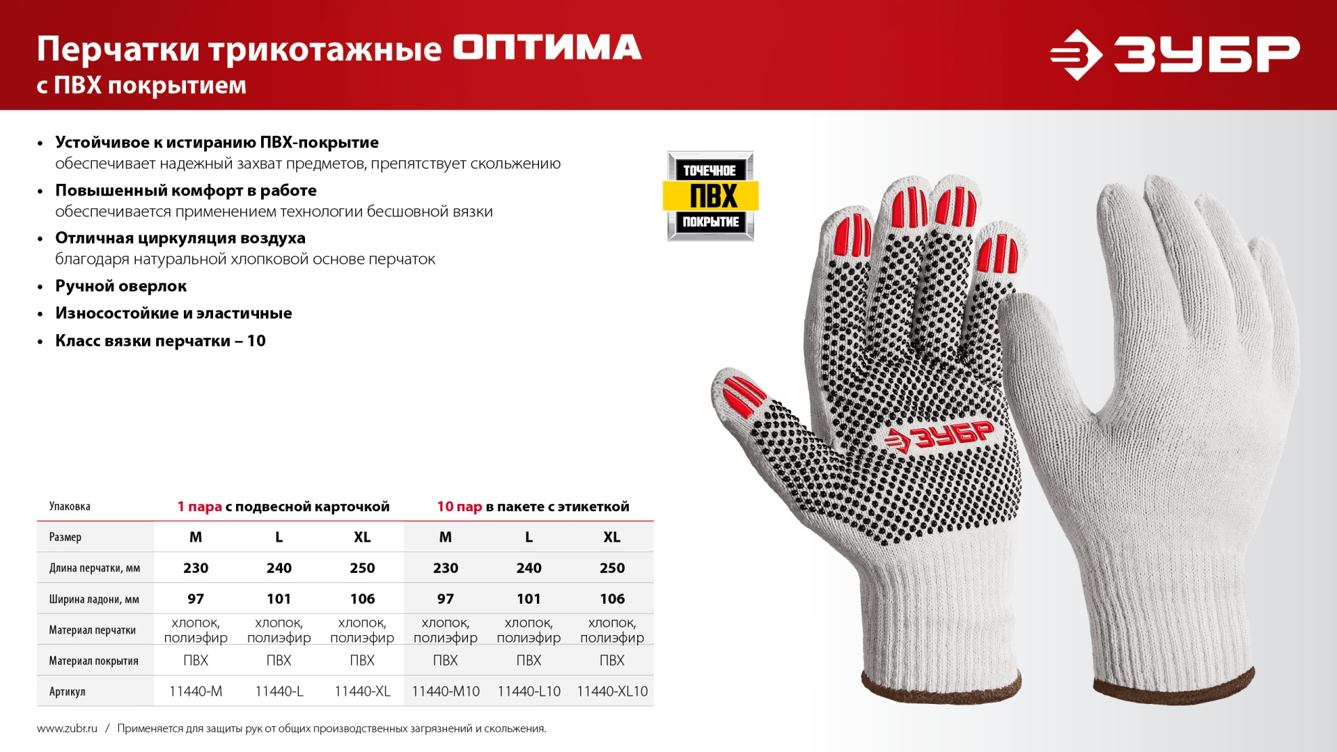 ЗУБР ОПТИМА, L (9), х/б перчатки с ПВХ покрытием (точка), 10 класс, 10 пар (11440-L10)