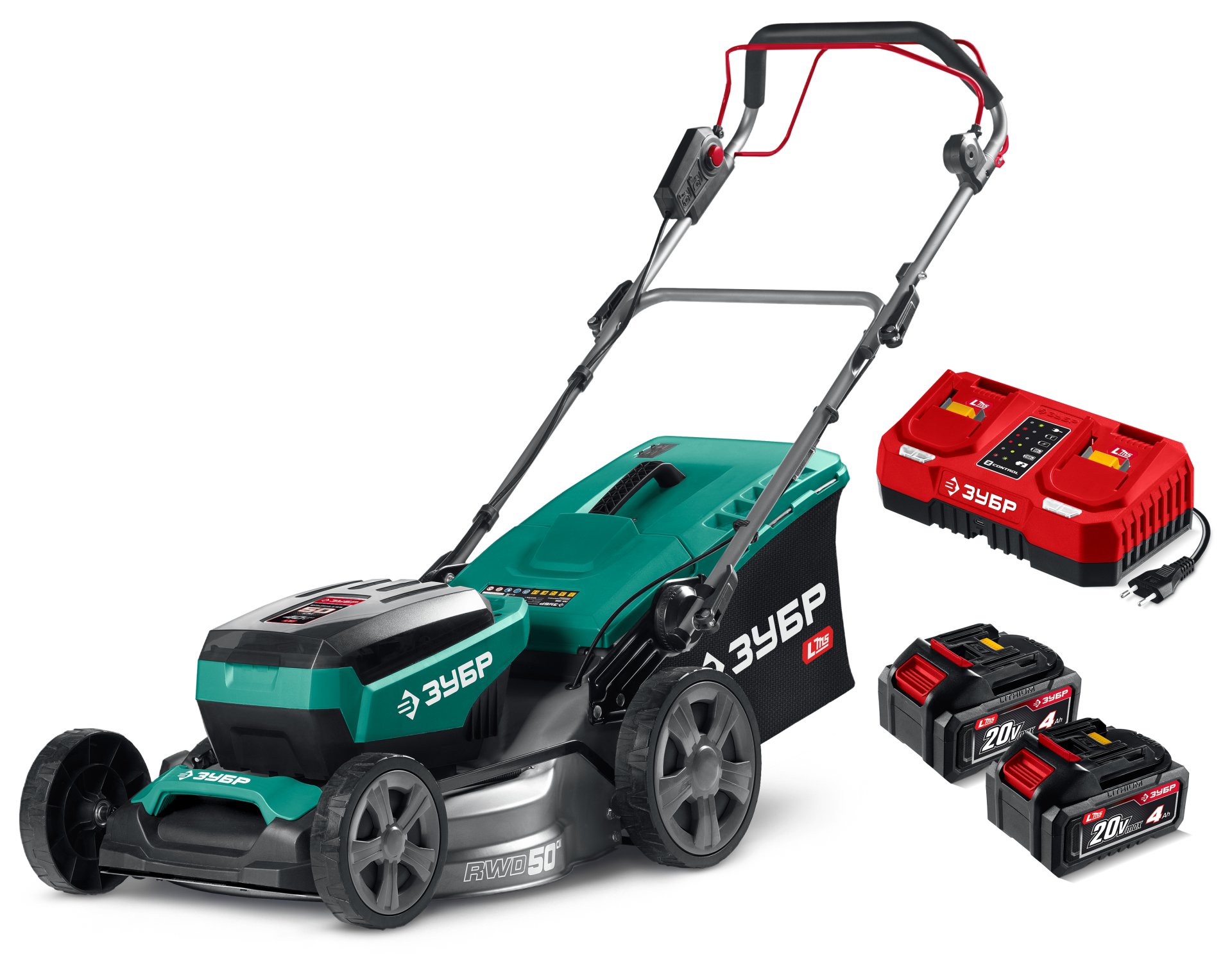 ЗУБР 40 В (2x20В), 500 мм, 2 АКБ LMS (4 Ач), самоходная газонокосилка аккумуляторная бесщеточная (ГКЛ-4050-42)