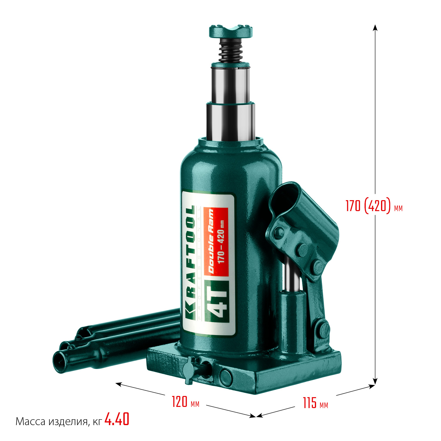 KRAFTOOL DOUBLE RAM, 4 т, 170 - 420 мм, с увеличенным подъемом, двухштоковый бутылочный домкрат (43463-4)
