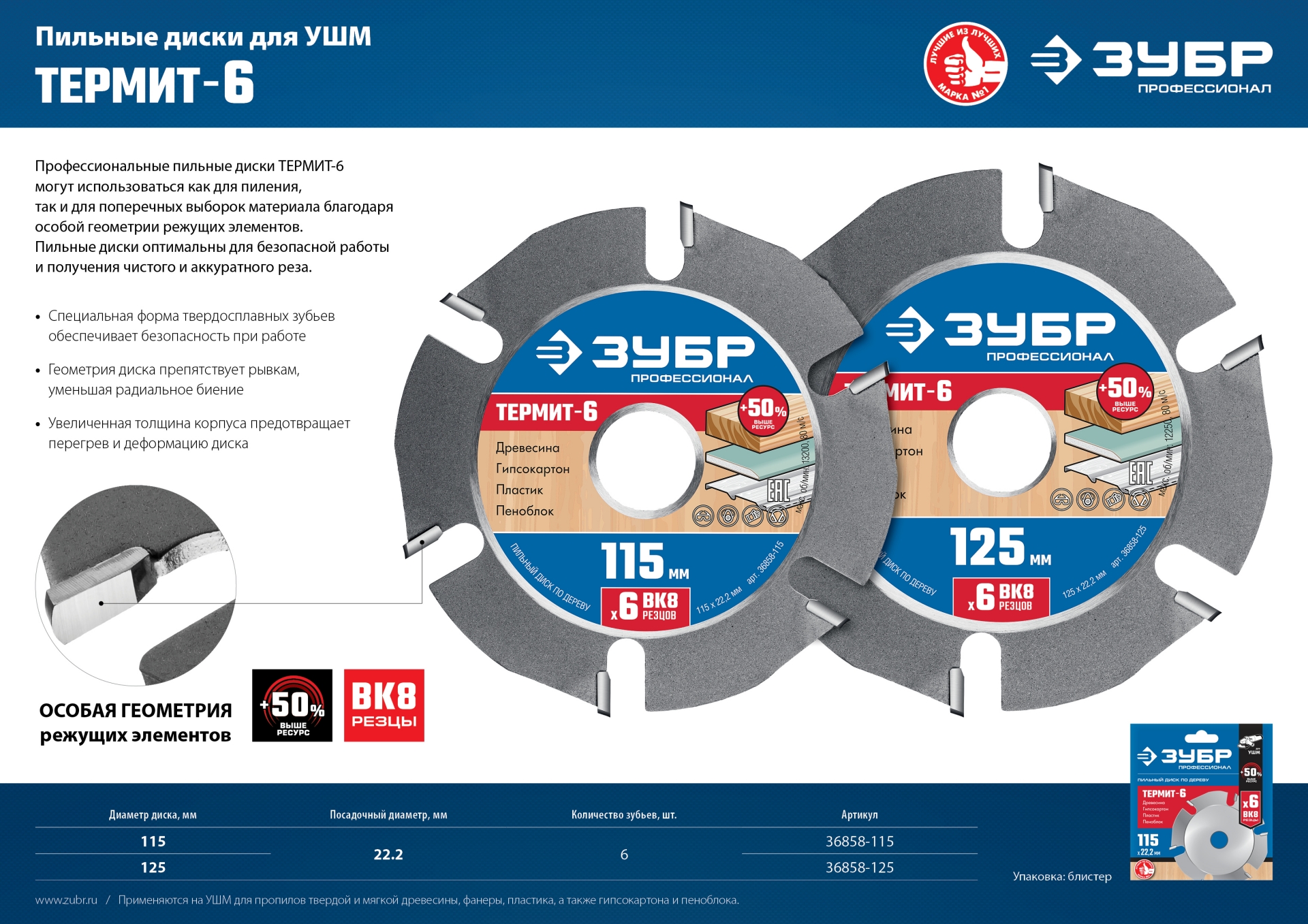 ЗУБР Термит-6, 125 х 22.2 мм, 6 резцов, для УШМ, усиленный, пильный диск по дереву, Профессионал (36858-125)