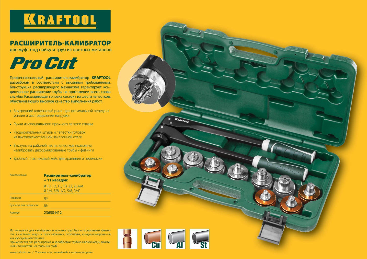 KRAFTOOL Pro Cut, 10 - 28 мм, 1/4 - 7/8″, расширитель-калибратор для труб (23650-H12)