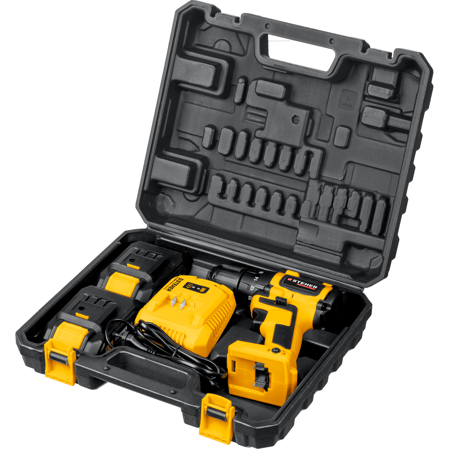 STEHER V1, 20 В, 45 Н·м, 2 АКБ (2 А·ч), бесщеточная дрель-шуруповерт, кейс (CDB-200-2)