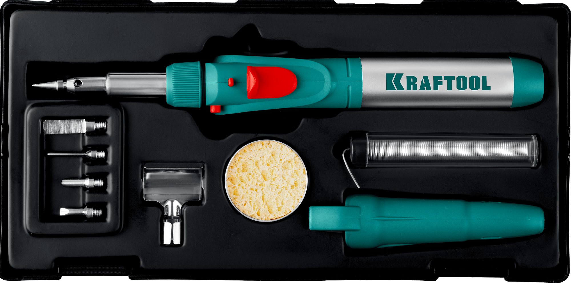 KRAFTOOL SolderGas, 120 K, 30 - 120 Вт, 1300°С, горелка, фен, пьезоподжиг, набор 10 в 1, газовый паяльник (55503-H10)