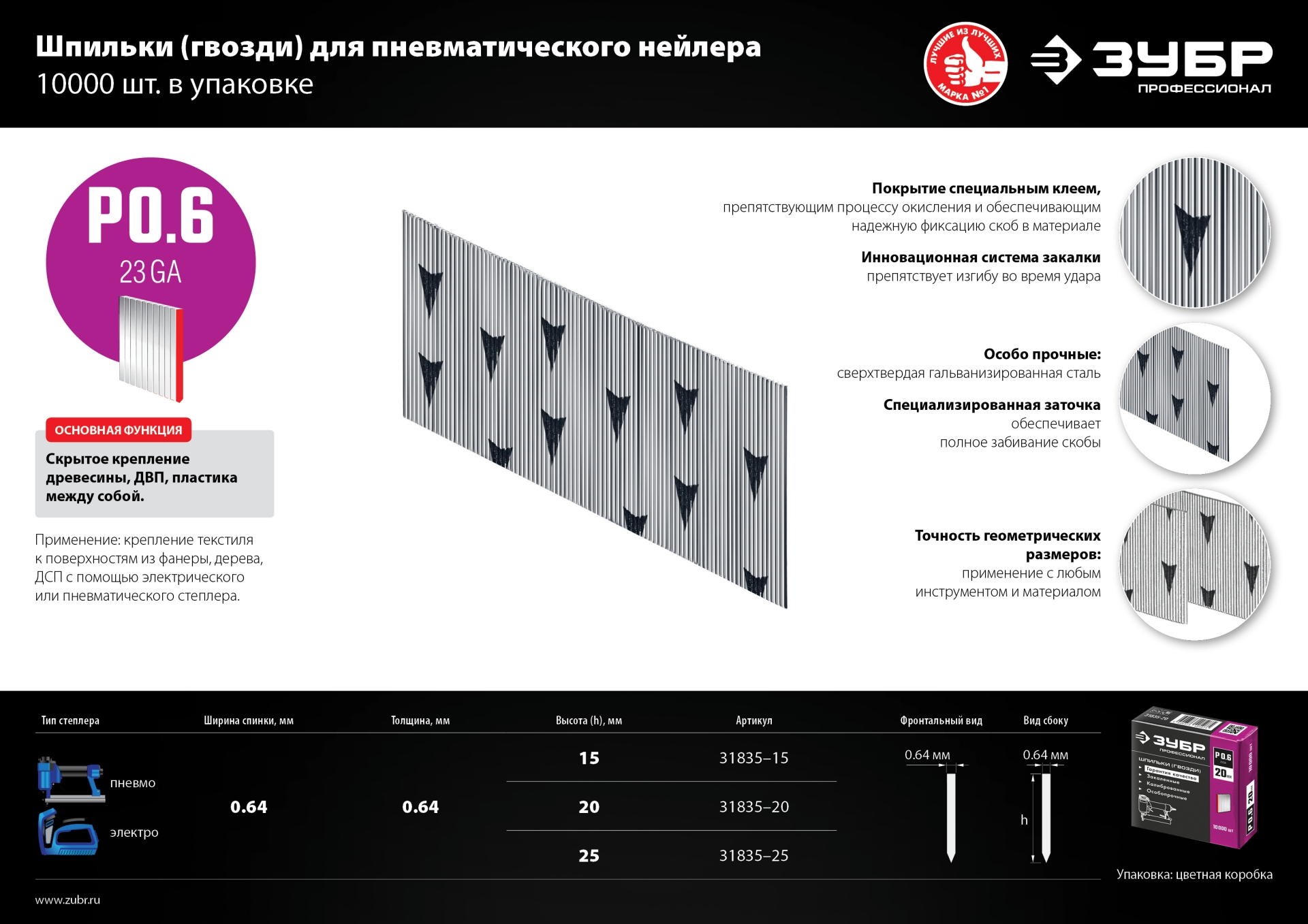 ЗУБР шпильки тип P0.6, 15 мм, калибр 23GA. 10 000 шт. Профессионал (31835-15)