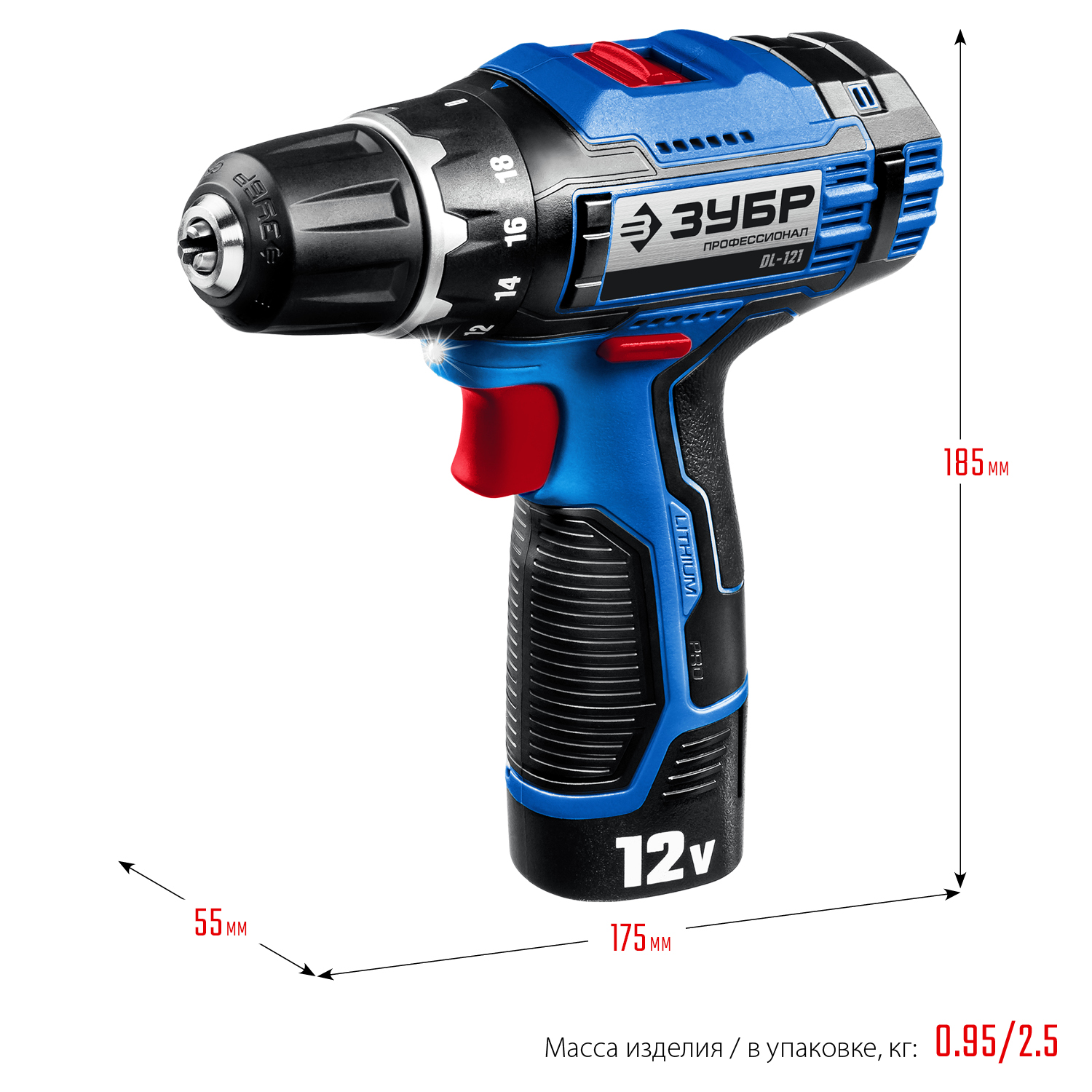 ЗУБР 12 В, 40 Н·м, 2 АКБ тип Т7 (2 А·ч), дрель-шуруповерт + LED фонарь, кейс, Профессионал (DL-121-22F)