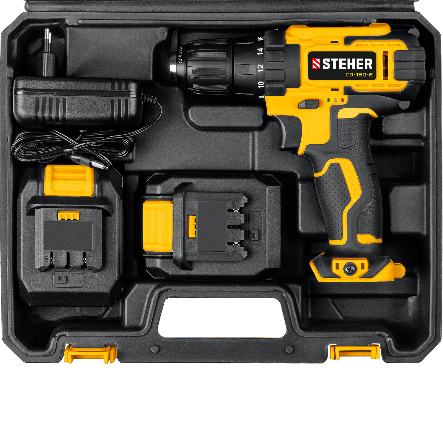 STEHER 16 В, 35 Н·м, 2 АКБ (2 А·ч), дрель-шуруповерт, кейс (CD-160-2)