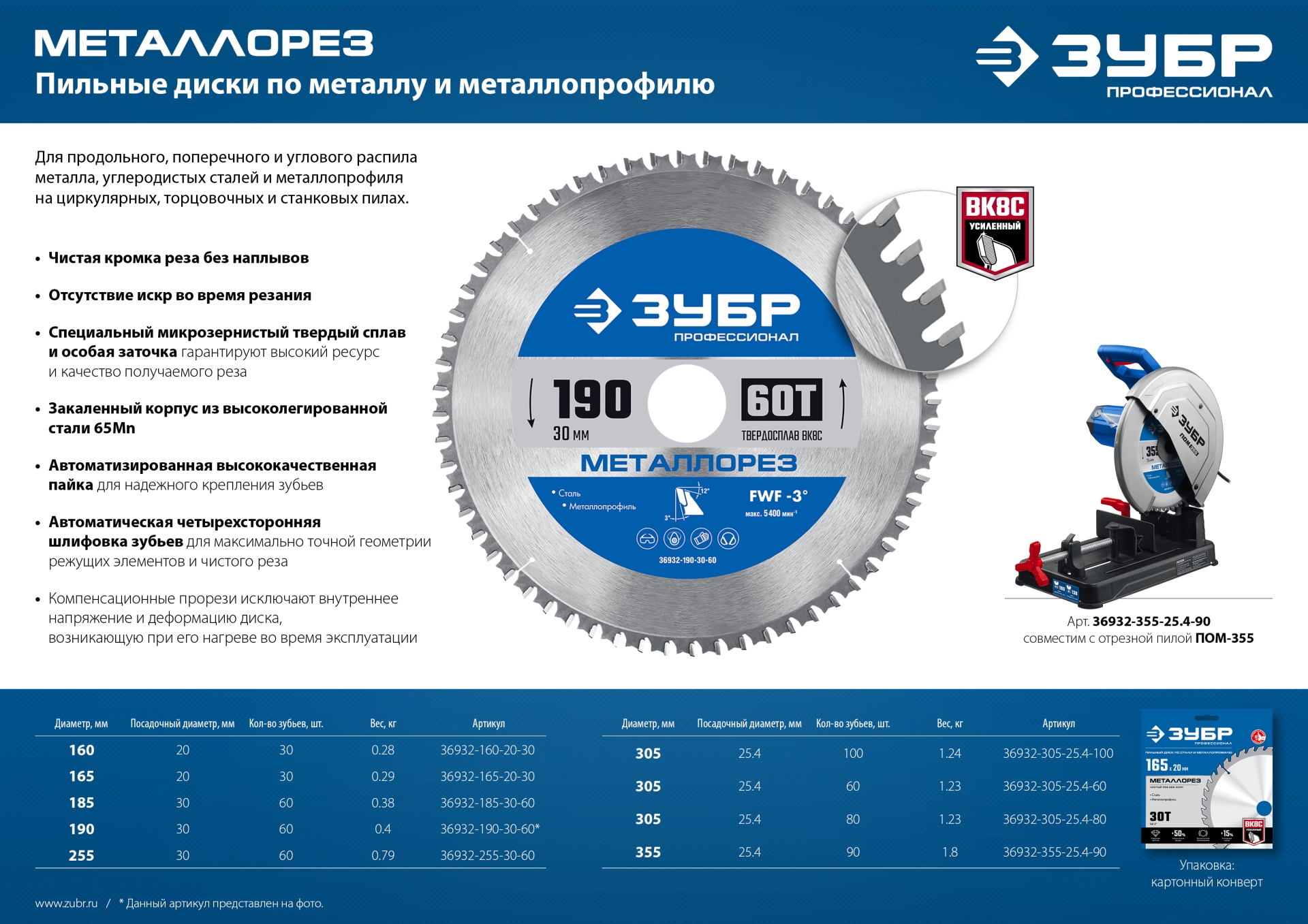 ЗУБР Металлорез, 305 х 25.4 мм, 80Т, пильный диск по металлу и металлопрофилю, Профессионал (36932-305-25.4-80)