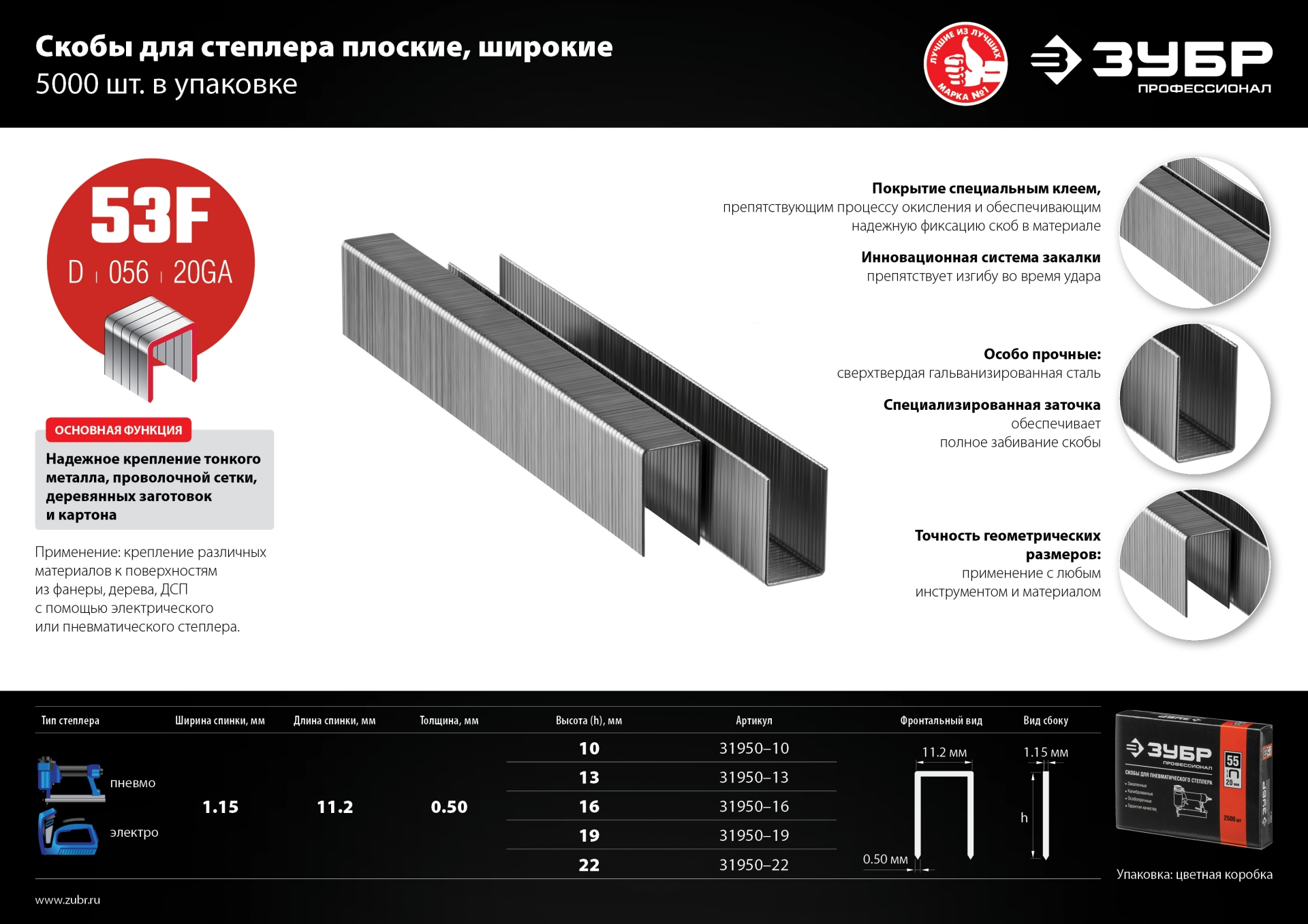 ЗУБР скобы тип 53F (D/056), 13 мм, калибр 23GA. 5000 шт. Профессионал (31950-13)