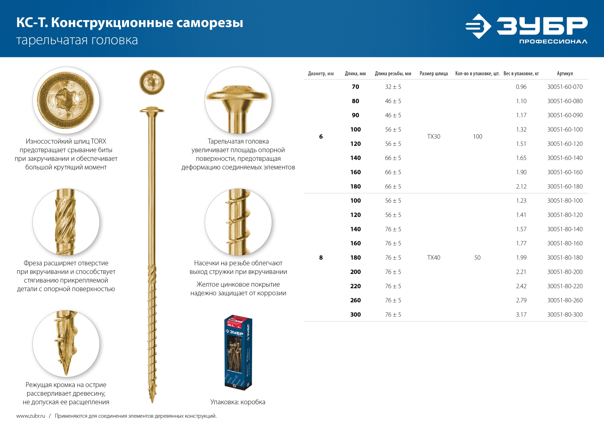 ЗУБР КС-Т, 70 х 6.0 мм, TX30, тарельчатая головка желтый цинк, 100 шт (0,93 кг.), конструкционный саморез, Профессионал (30051-60-070)