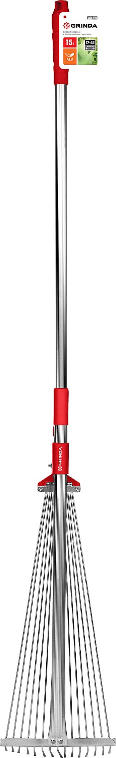 GRINDA GХ-30, длина 1240 мм, ширина 170 - 450 мм, стальные проволочные, алюминиевый черенок, регулируемые веерные грабли (8-421867)