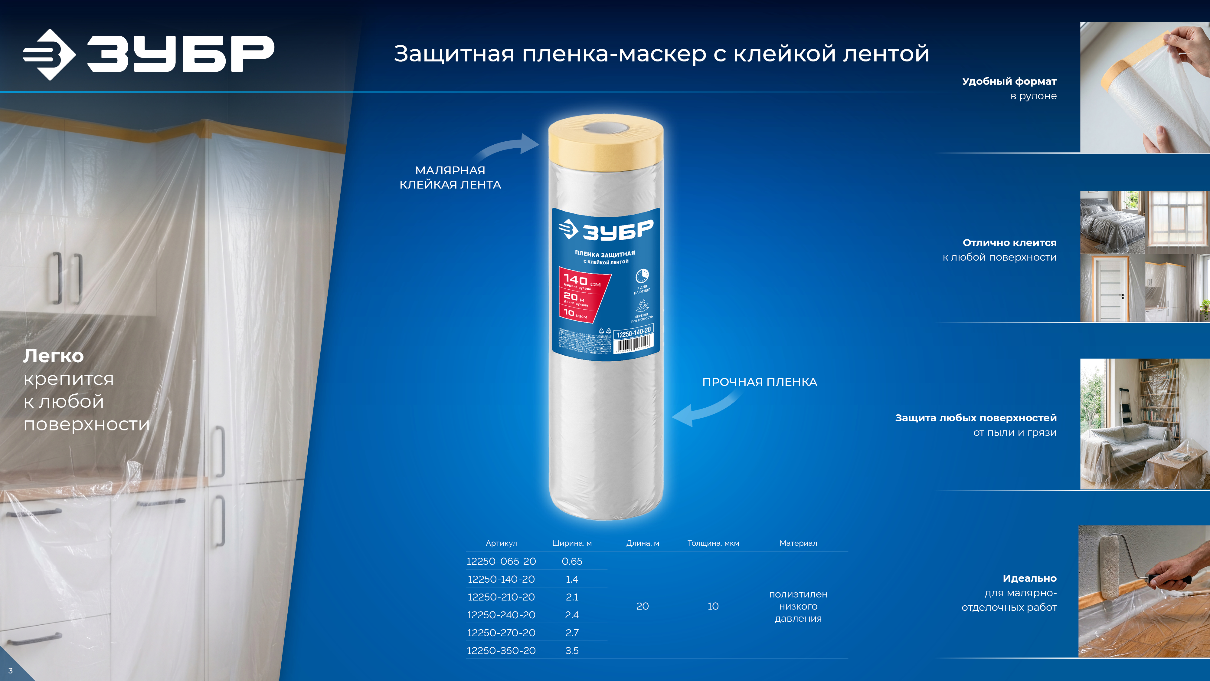 ЗУБР ПМ 3.5 х 20 м, 10 мкм ПВД, защитная пленка-маскер с клейкой лентой (12250-350-20)