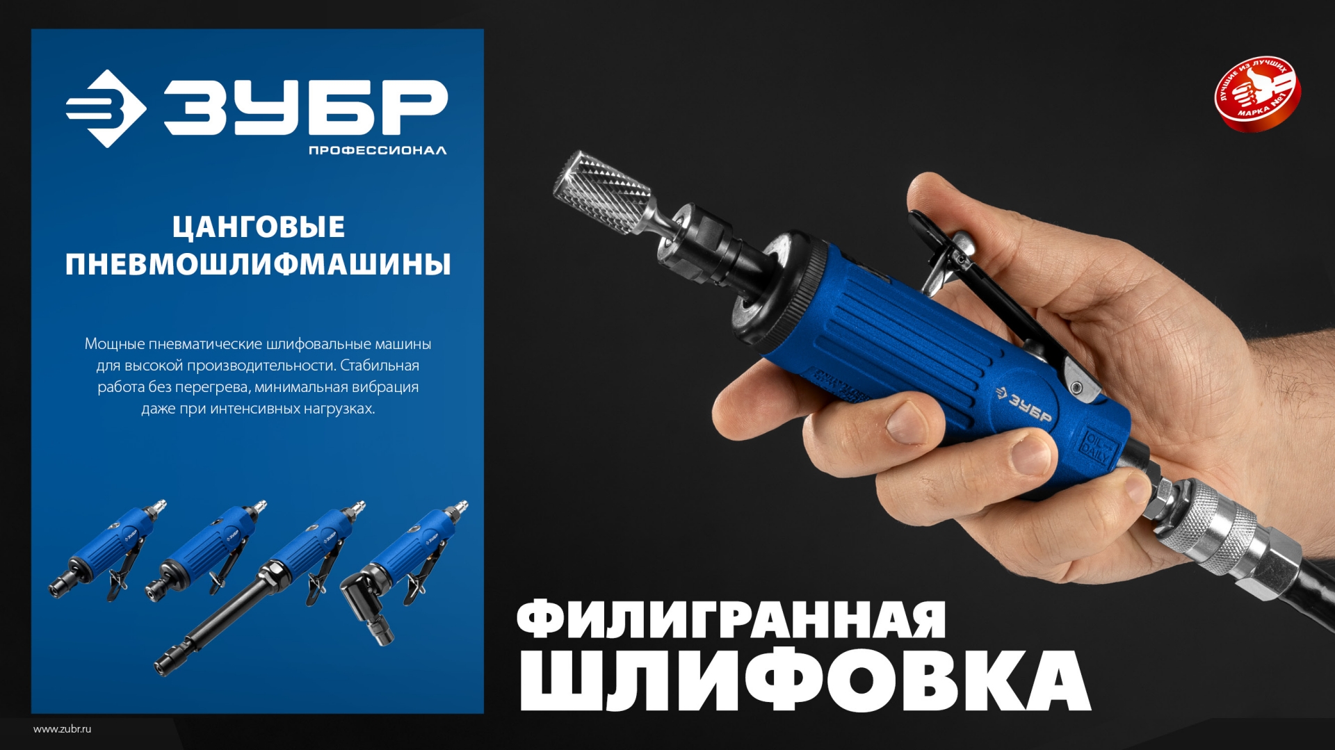 ЗУБР набор в кейсе: угловая цанговая пневмошлифмашина, 10 шарошек и оснастка, ПРОФЕССИОНАЛ (64337-H)