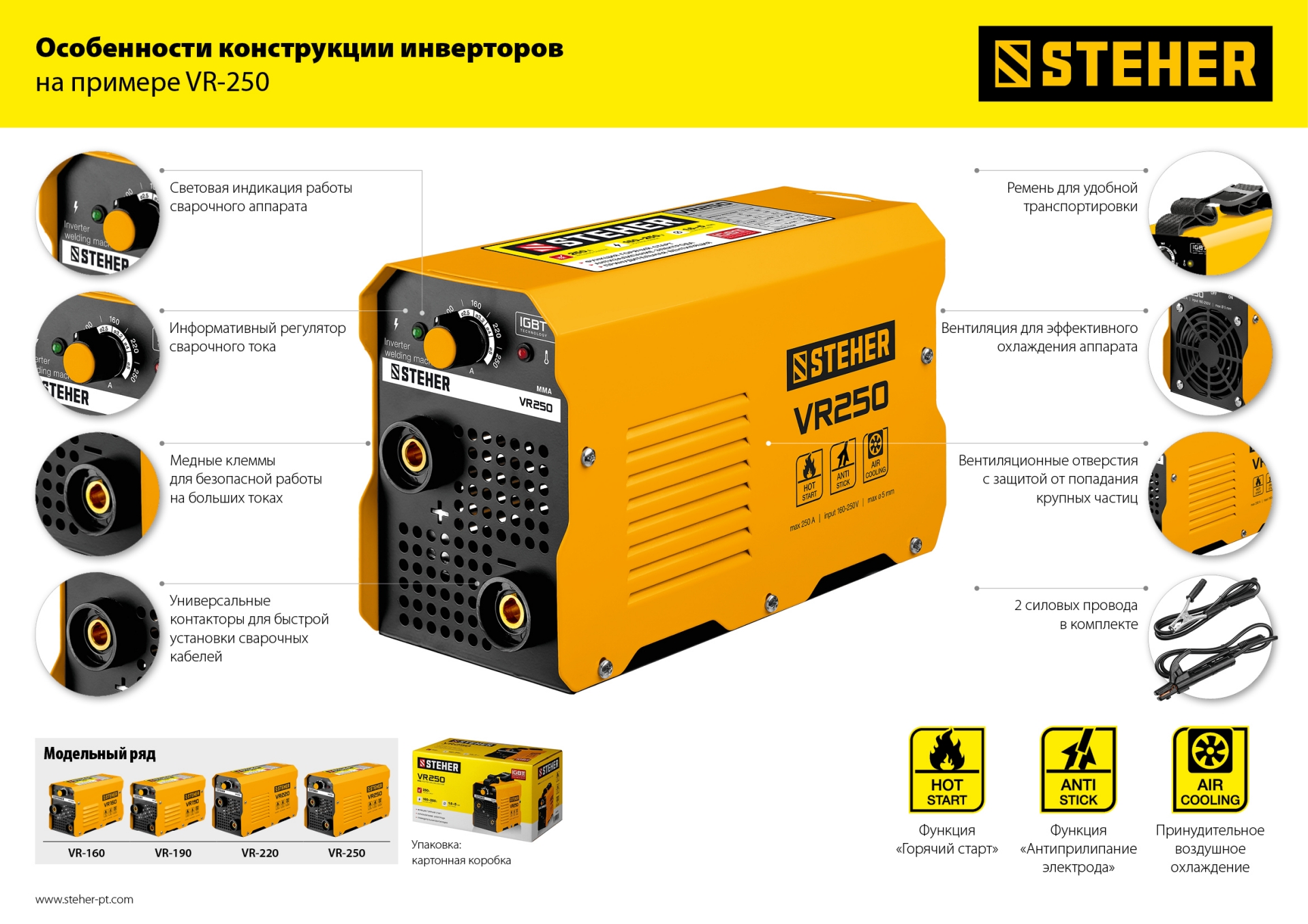 STEHER ММА, 220 А, сварочный аппарат инверторный, макс. электрод Ø 5.0 мм (VR-220)