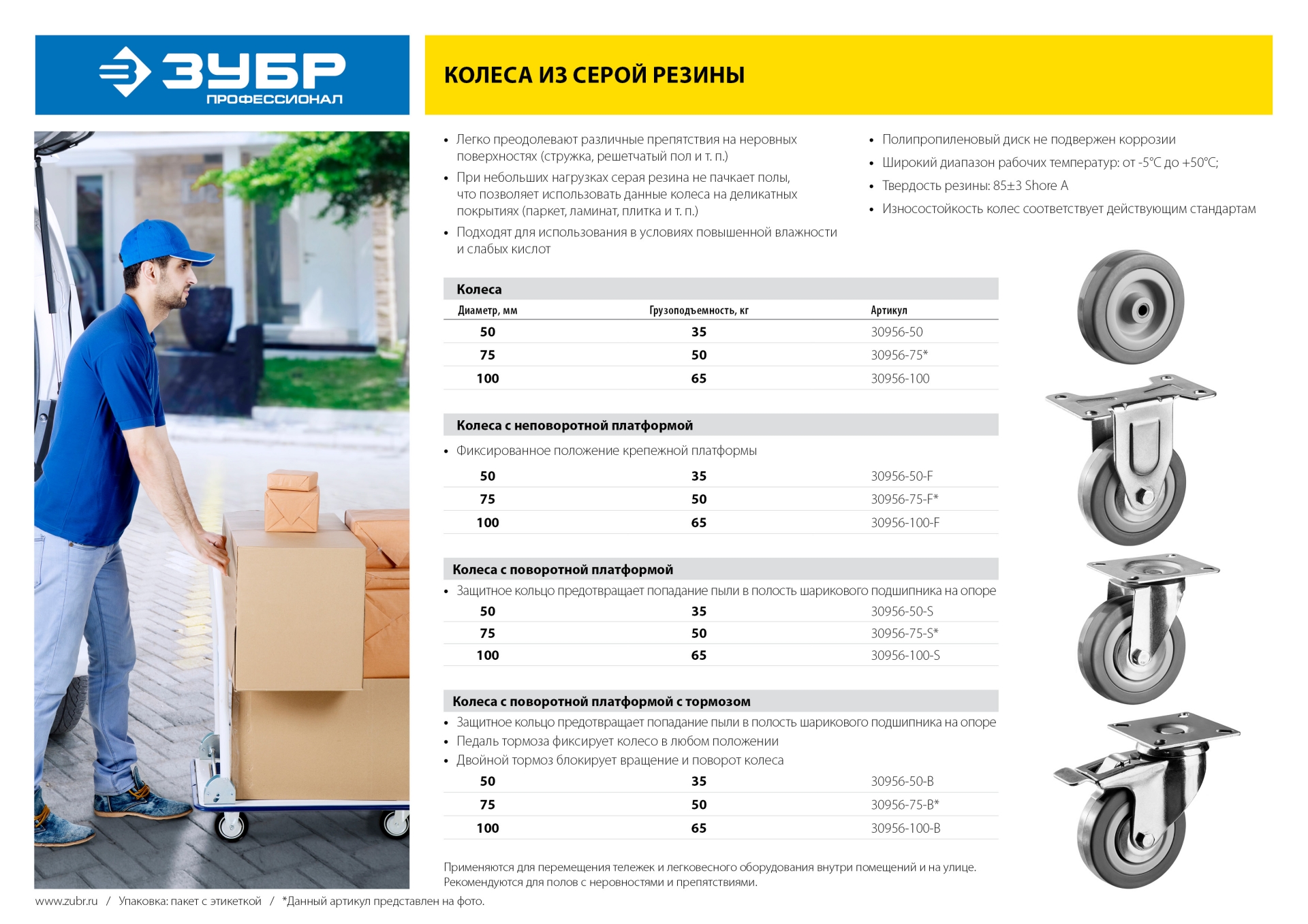 ЗУБР d 100 мм, г/п 65 кг, резина/полипропилен, поворотное колесо (30956-100-S)