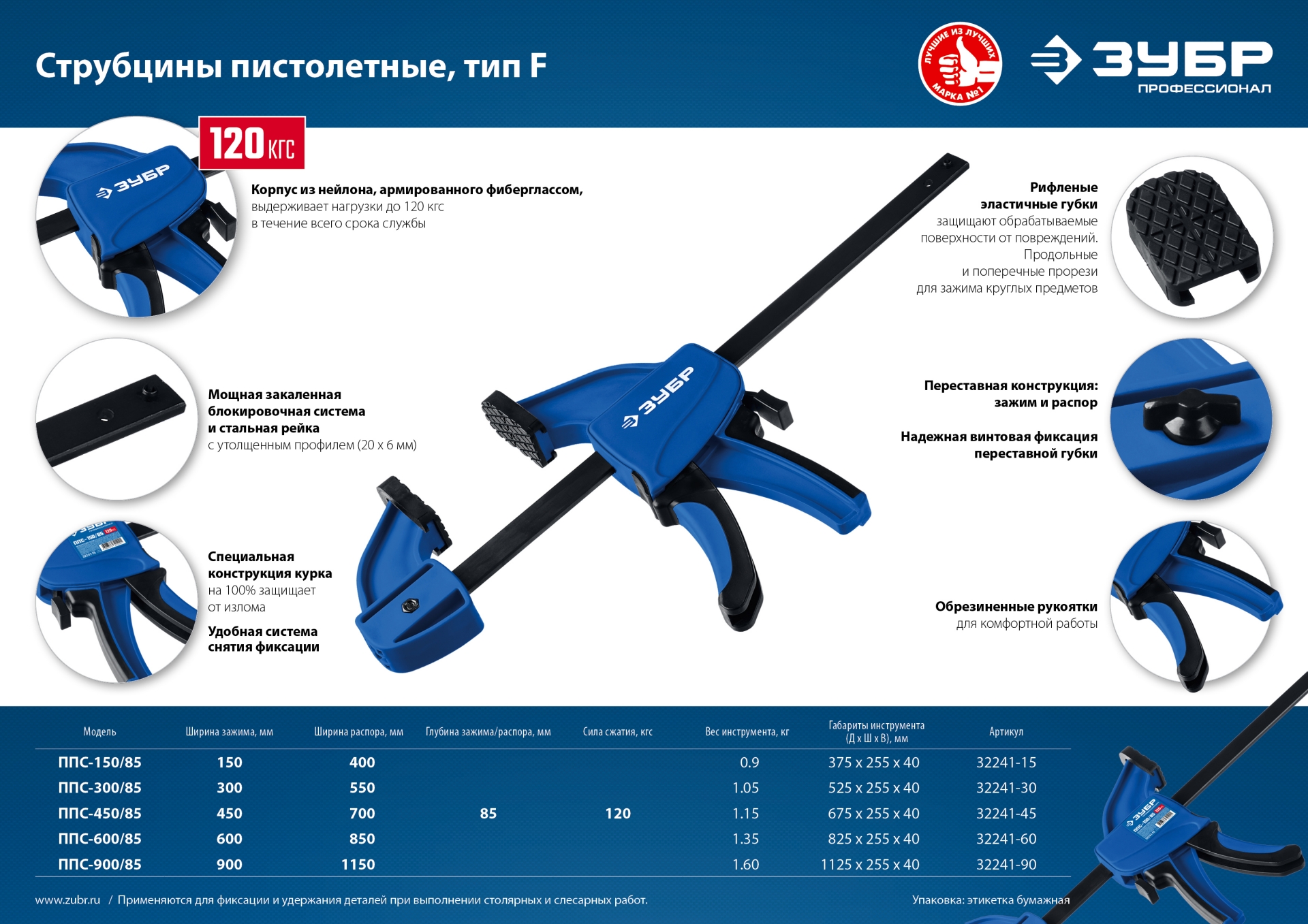 ЗУБР ППС-45/85, 450 х 85 мм, пистолетная струбцина, Профессионал (32241-45)