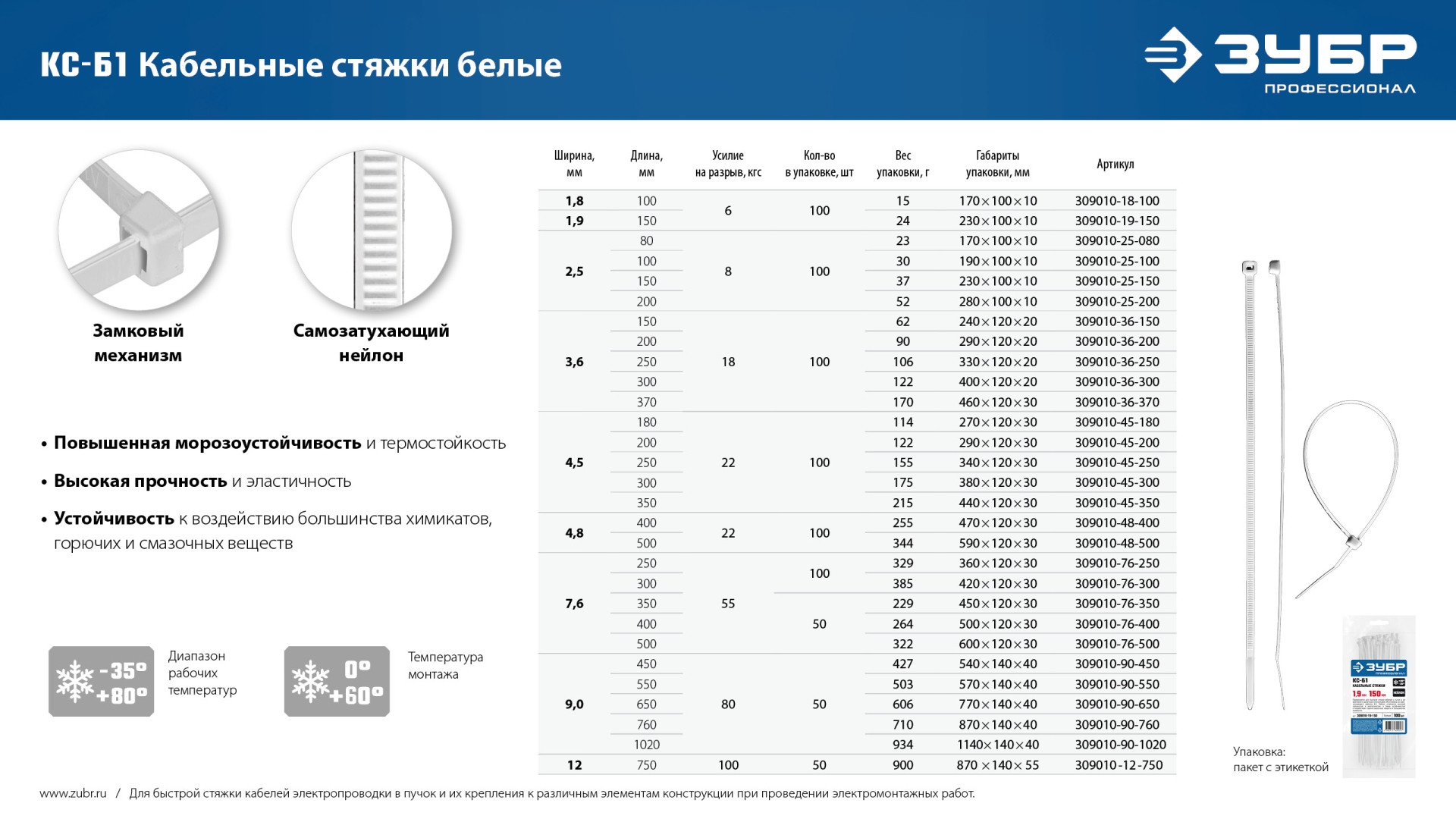 ЗУБР КС-Б1, 9 x 1020 мм, нейлон РА66, 50 шт, белые, кабельные стяжки, Профессионал (309010-90-1020)