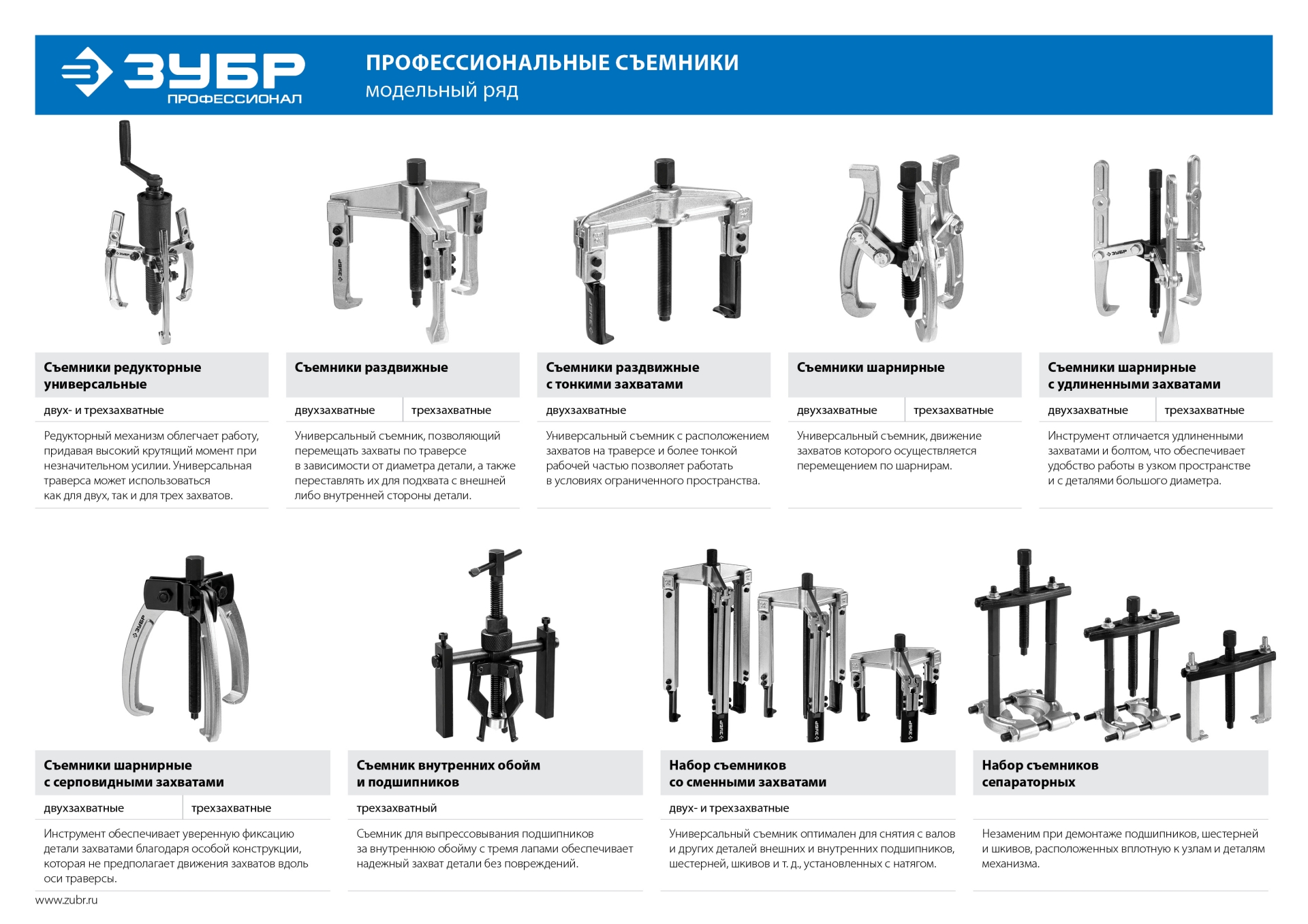 ЗУБР внешний d 40 - 265 мм, внутренний d 70 - 230 мм, шарнирный двухзахватный съемник, Профессионал (43315-205)