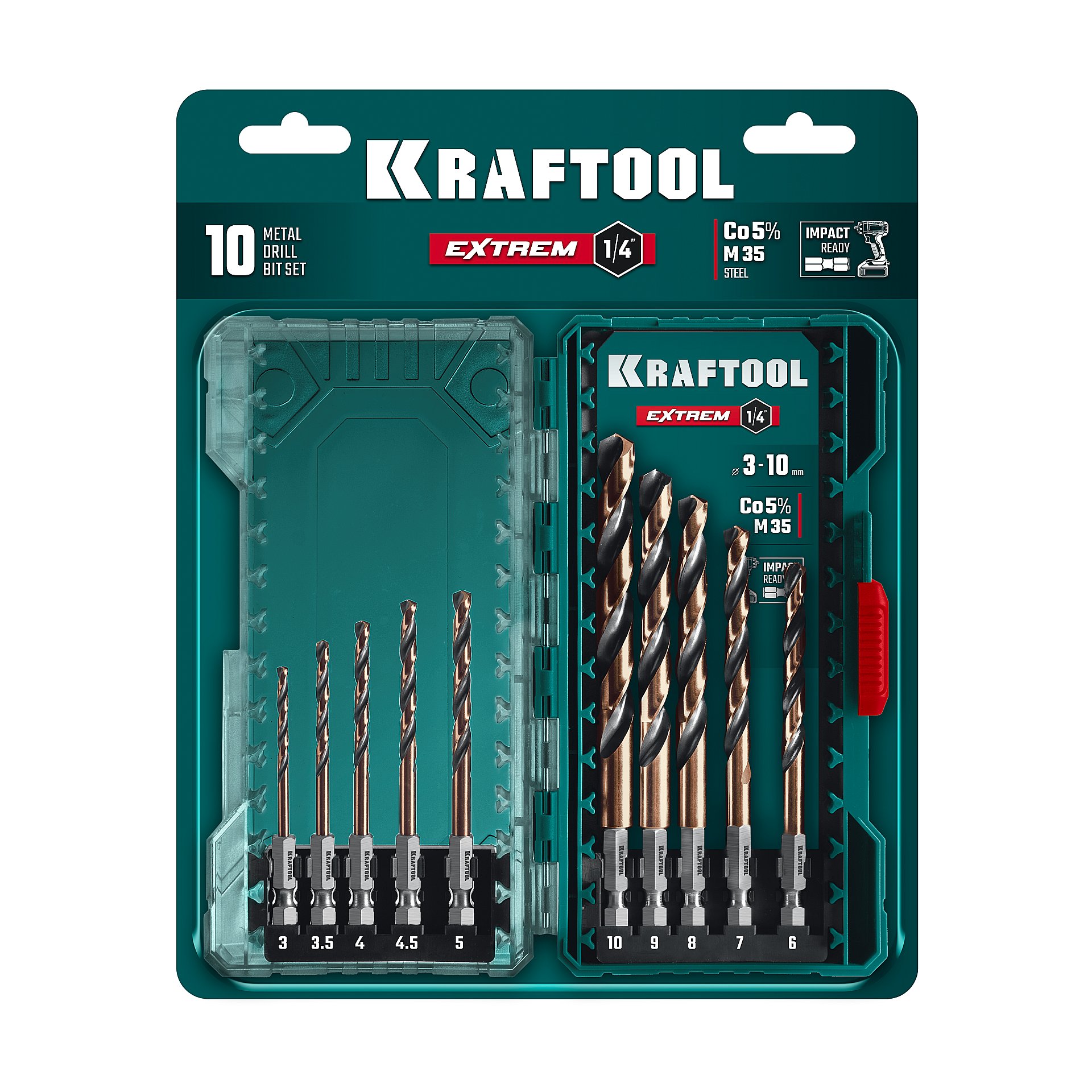 KRAFTOOL НЕХ-1/4″, 10 шт, набор сверл по металлу для винтовёртов и шуруповертов IMPACT READY (29652-H10)