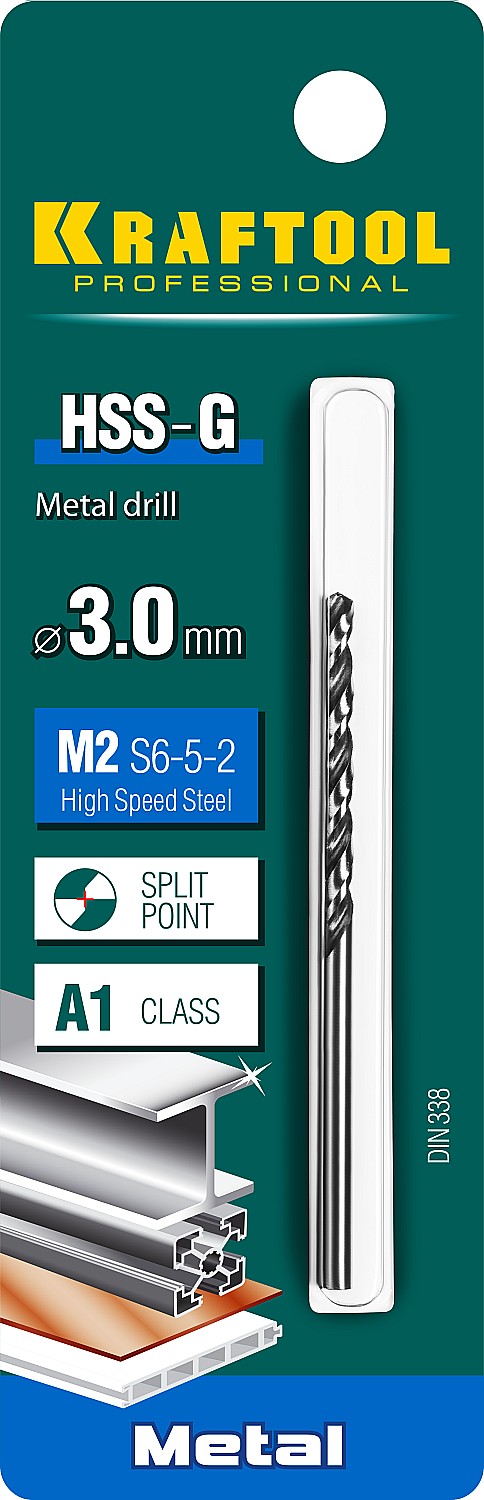 KRAFTOOL HSS-G, 3.0 х 61 мм, сталь P6M5, сверло по металлу (29651-3)