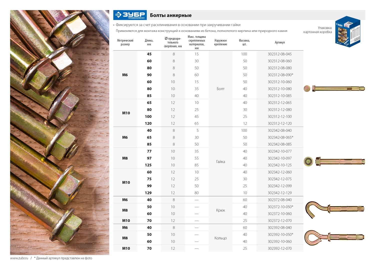 ЗУБР 12 х 60 мм, 40 шт, анкерный болт с гайкой, Профессионал (302342-12-060)
