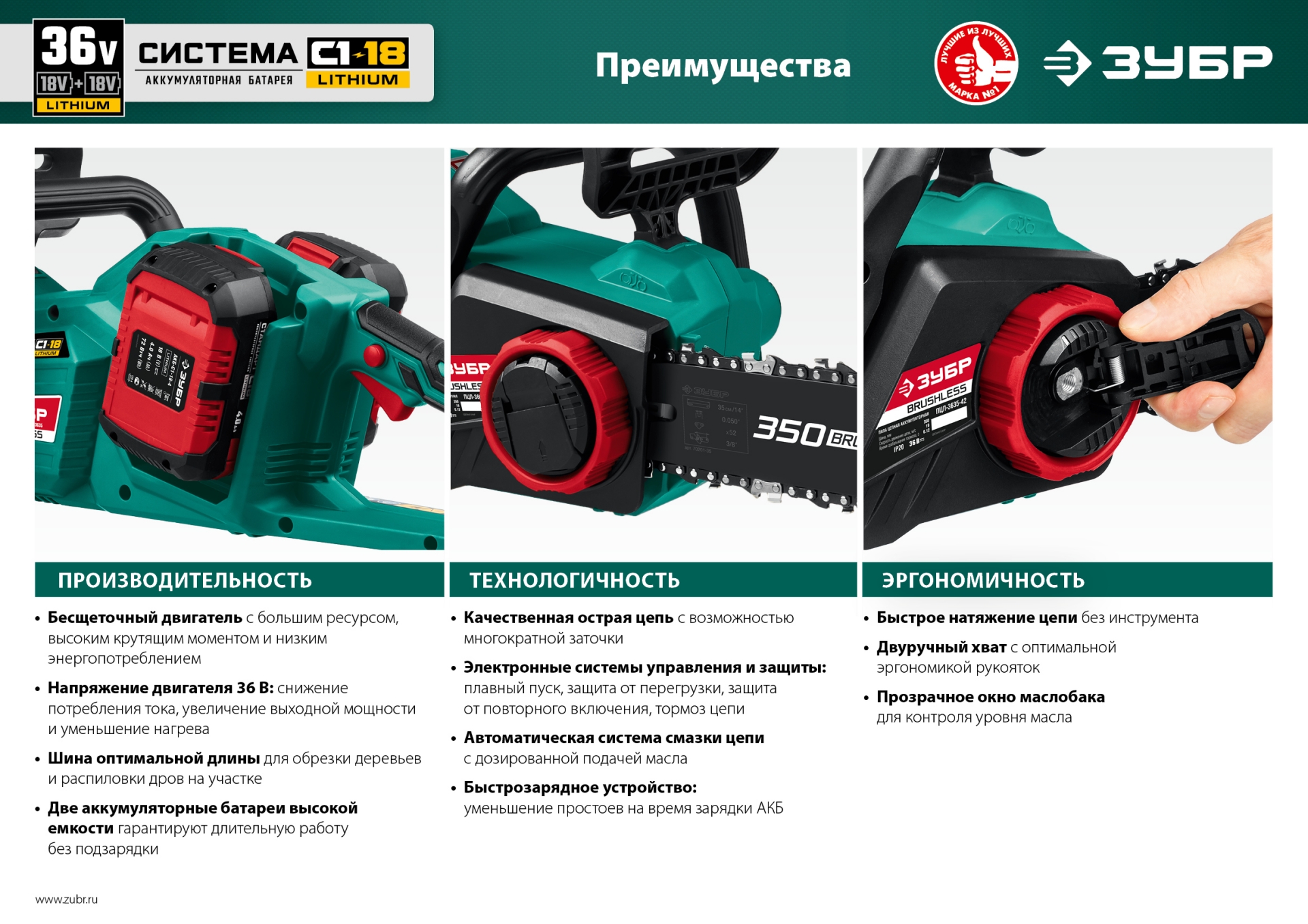 ЗУБР С1-18, 36 В, 35 см шина, без АКБ, бесщеточная цепная пила (ПЦЛ-3635)