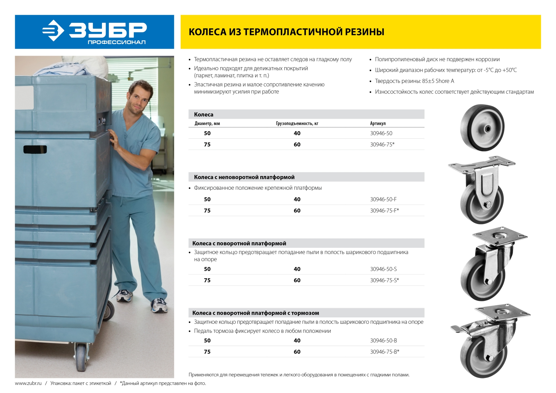 ЗУБР d 75 мм, г/п 60 кг, резина/полипропилен, термопластичное поворотное колесо c тормозом, Профессионал (30946-75-B)
