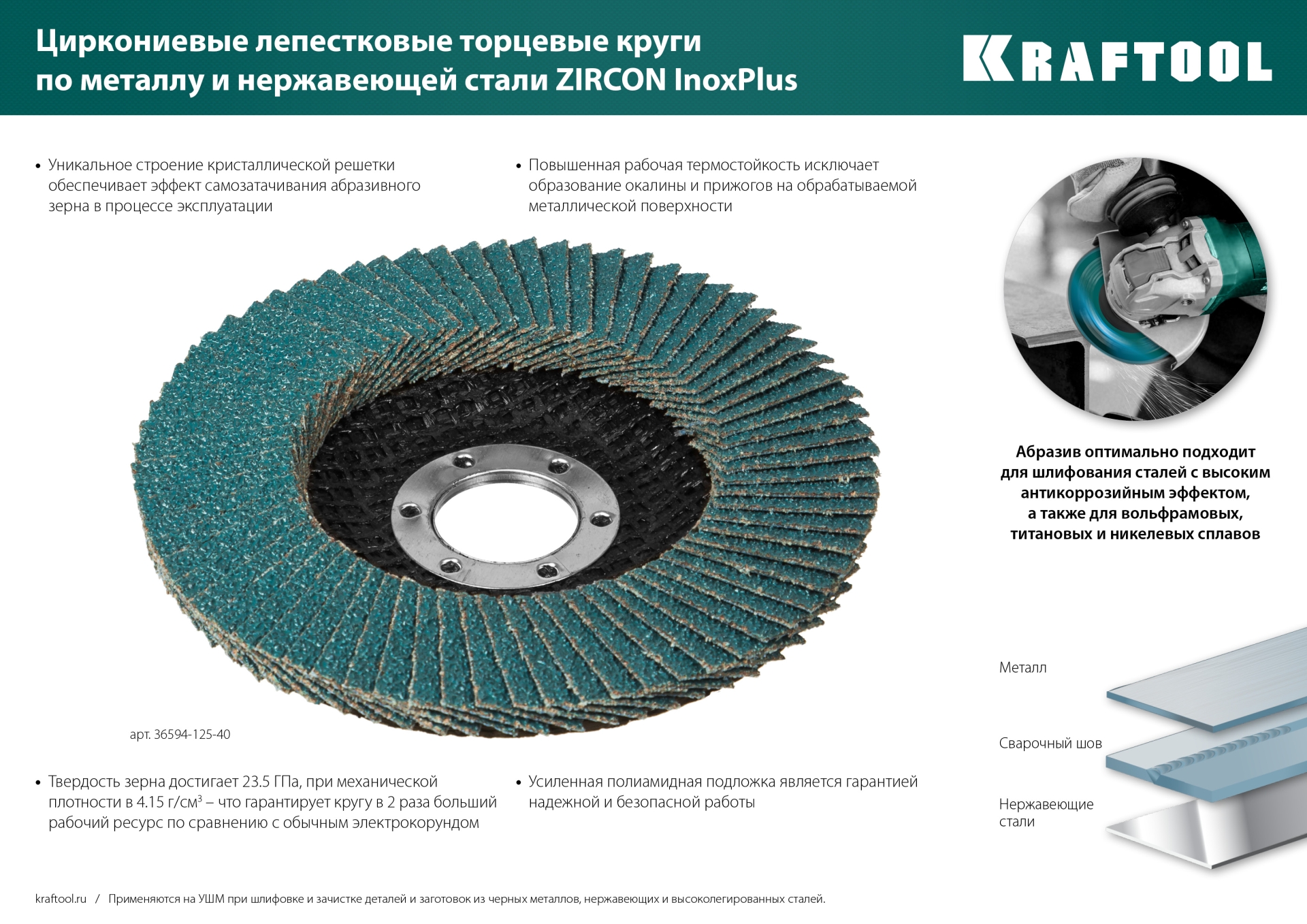 KRAFTOOL ZIRCON 125 х 22.2 мм, P40, круг лепестковый циркониевый торцевой по металлу и нержавеющей стали (36594-125-40)