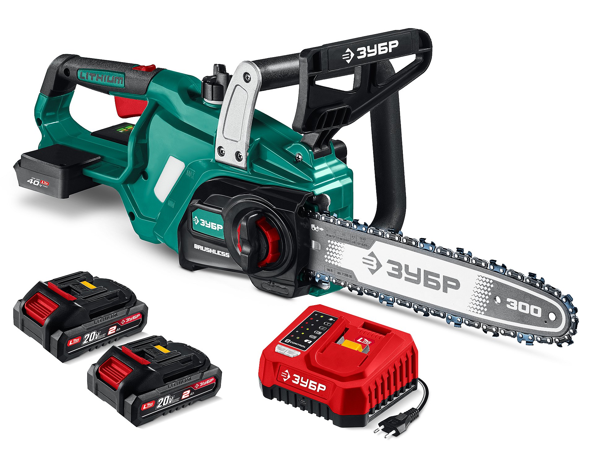ЗУБР 40 В, (2x20В), 300 мм шина, 2 АКБ LMS (2 Ач), пила цепная аккумуляторная (ПЦБ-4030-22)