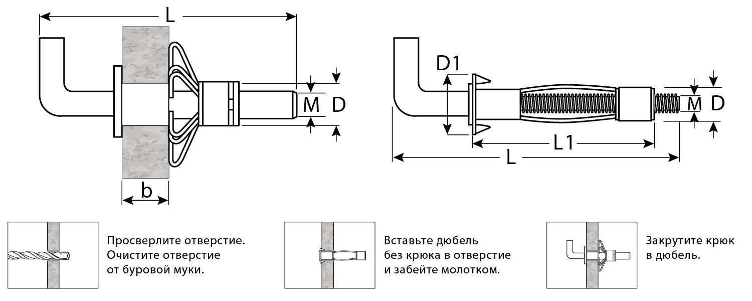 ЗУБР МОЛЛИ, М5 х 52 х 11 мм, 80 шт, анкер с крюком для пустотелых конструкций (302492-05-052)