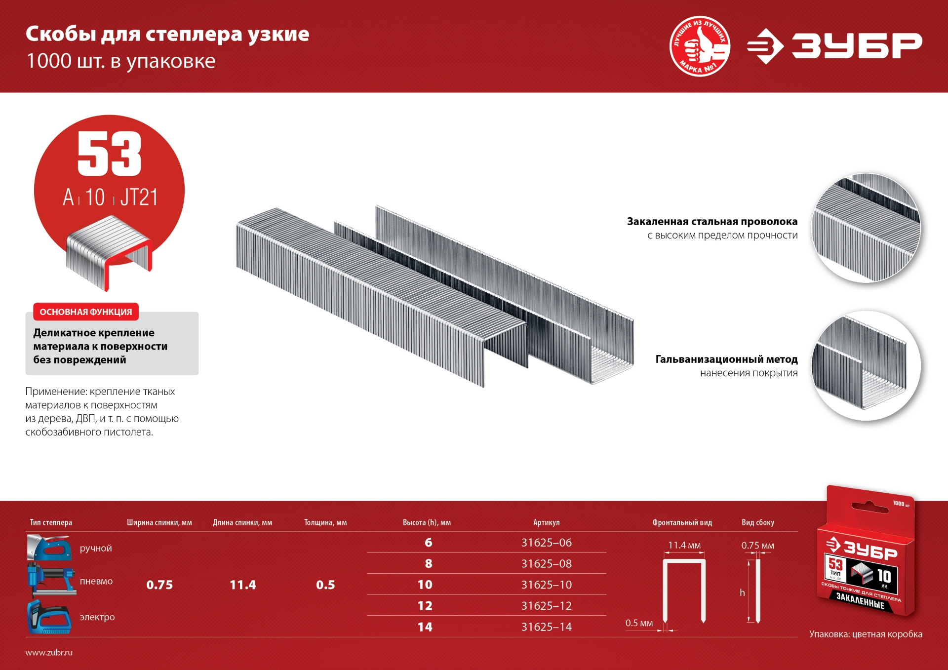 ЗУБР скобы тип 53 (A/10/JT21), 14 мм, калибр 23GA. 1000 шт (31625-14)
