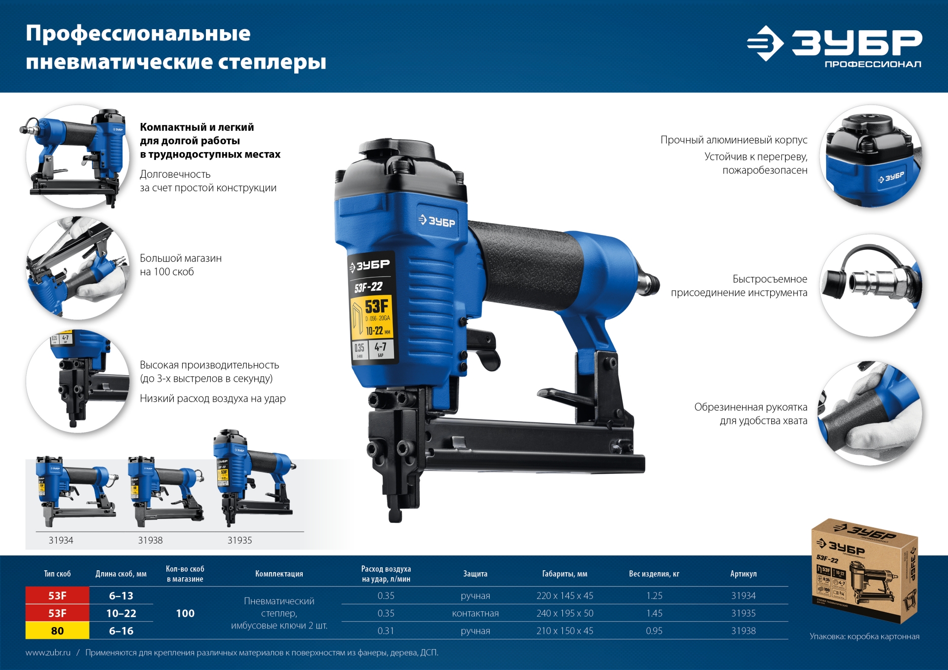 ЗУБР Т80, пневматический степлер для скоб 21Ga, тип 80 (6-16 мм), Профессионал (31938)
