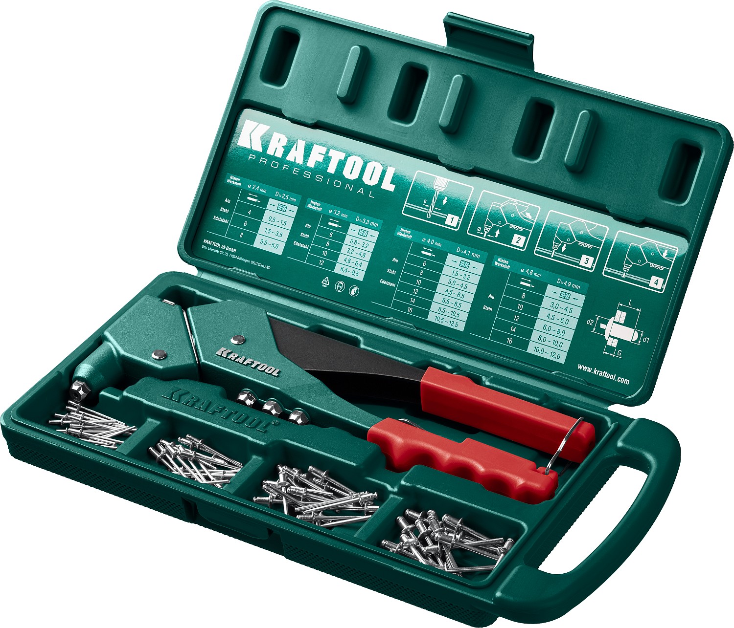 KRAFTOOL RX-7, 360°, 2.4 - 4.8 мм, 280 мм, литой поворотный заклепочник в кейсе (31176-H6)