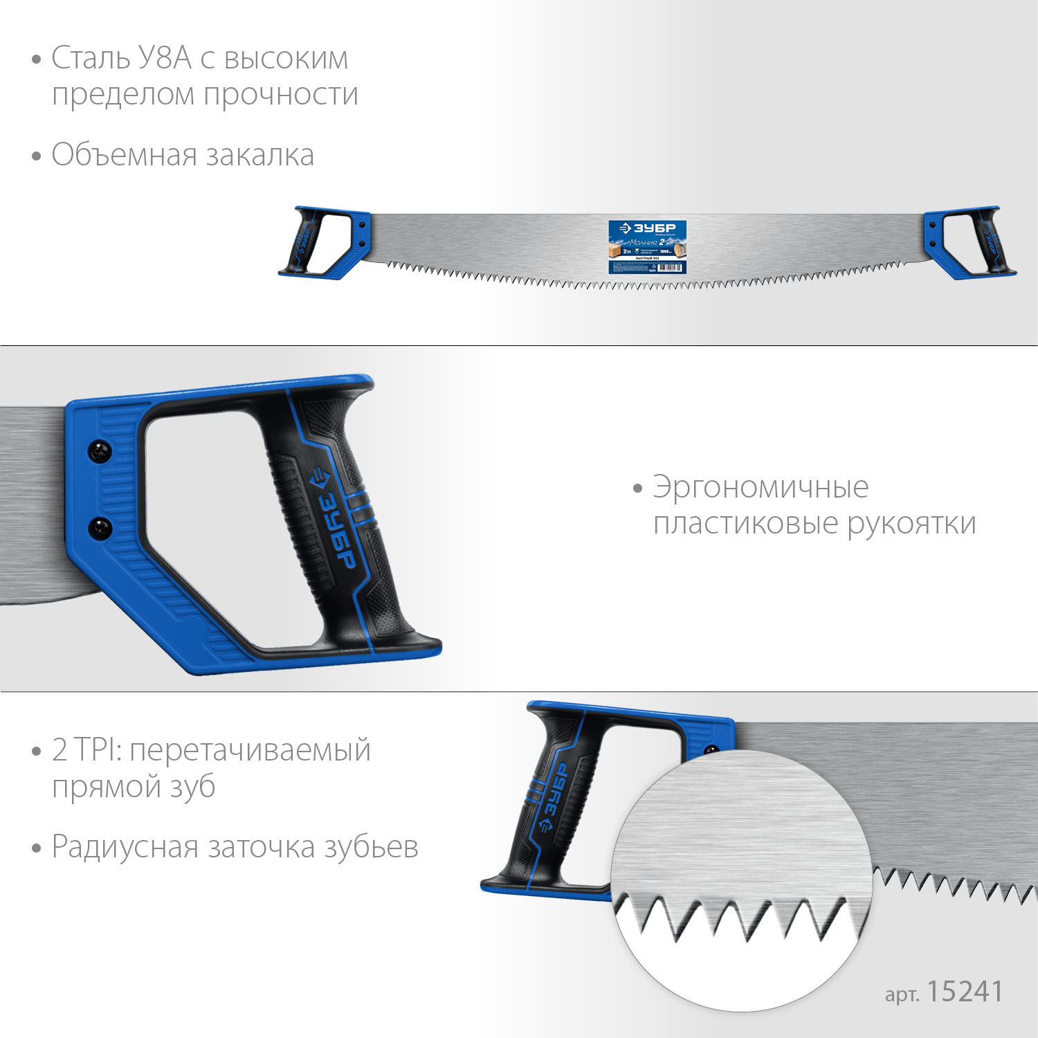 ЗУБР Молния 2, 1000 мм, 2 TPI, двуручная пила с пластиковыми рукоятками, Профессионал (15241)