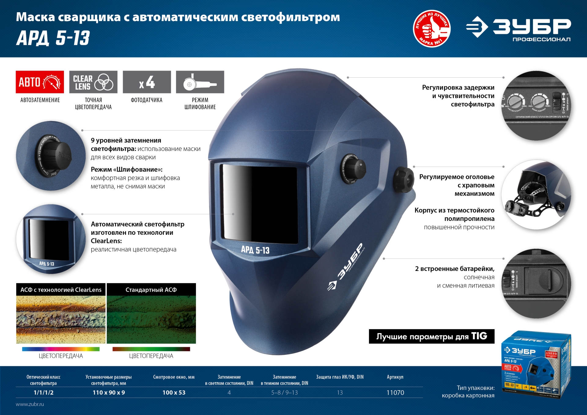 ЗУБР АРД 5-13, хамелеон, затемнение 4/5-8/9-13, маска сварщика, Профессионал (11070)