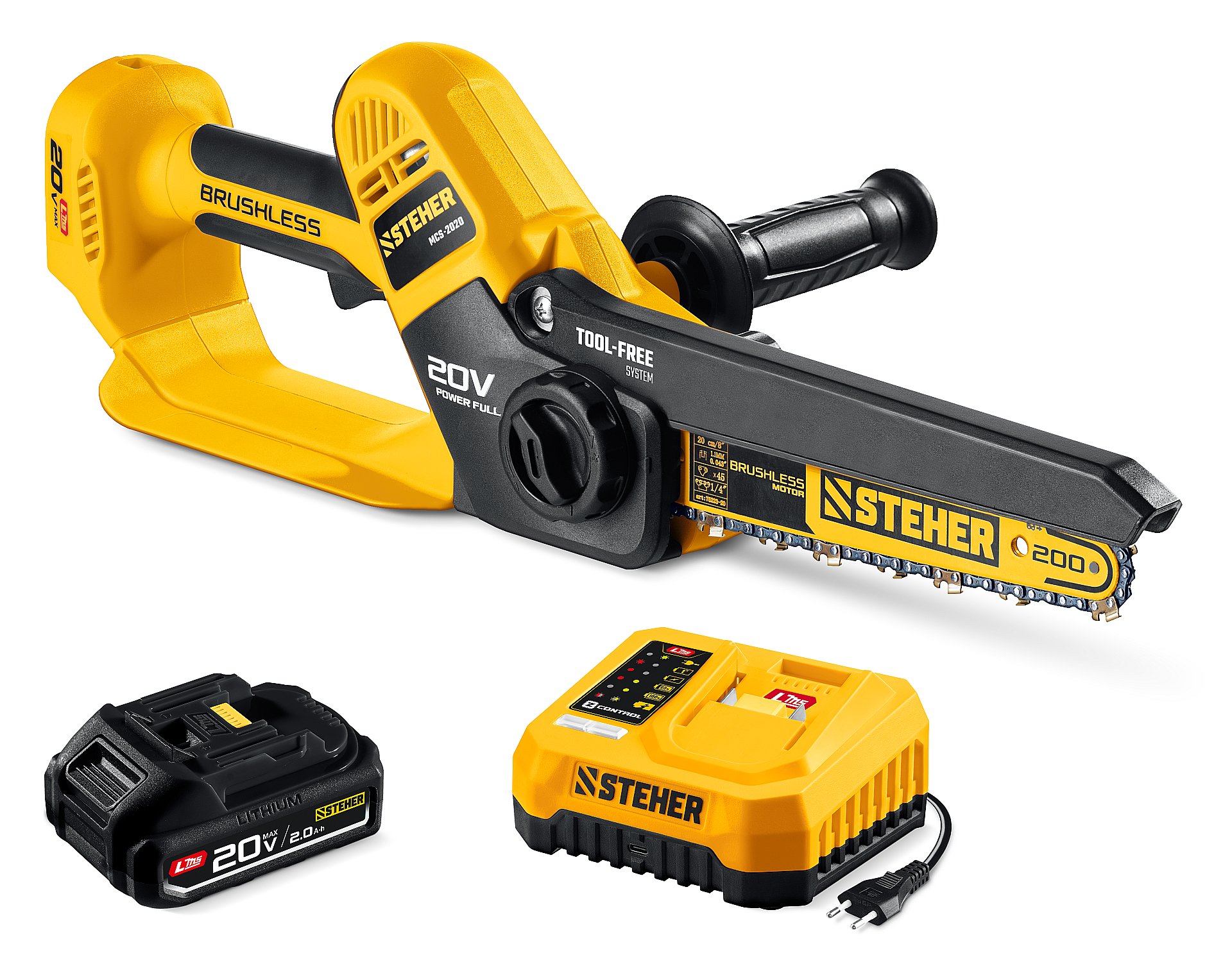 STEHER 20 В, 200 мм шина, 1 АКБ LMS (2 Ач), мини-пила цепная аккумуляторная (MCS-2020-21)