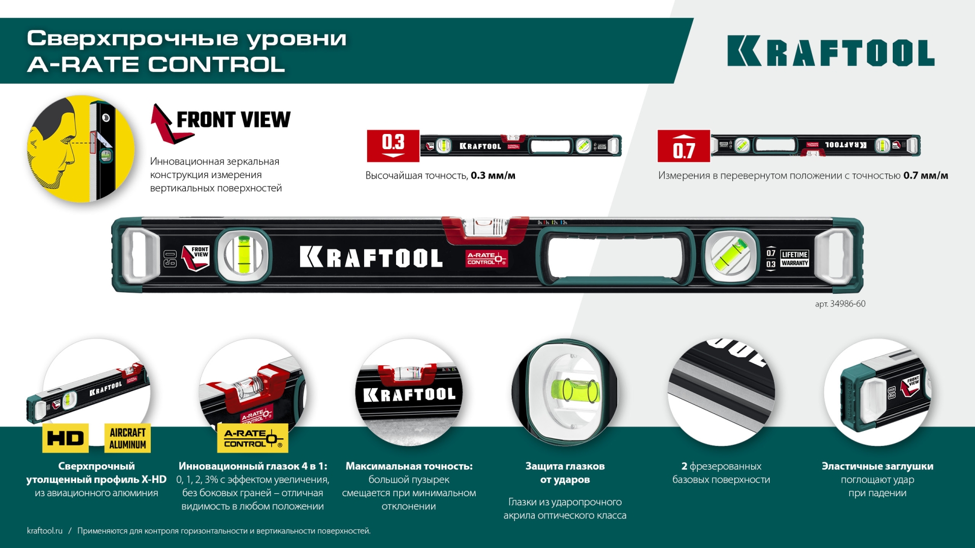 KRAFTOOL A-RATE CONTROL, 800 мм, точность 0.3 мм/м, с инновационным зеркальным глазком, сверхпрочный уровень (34986-80)