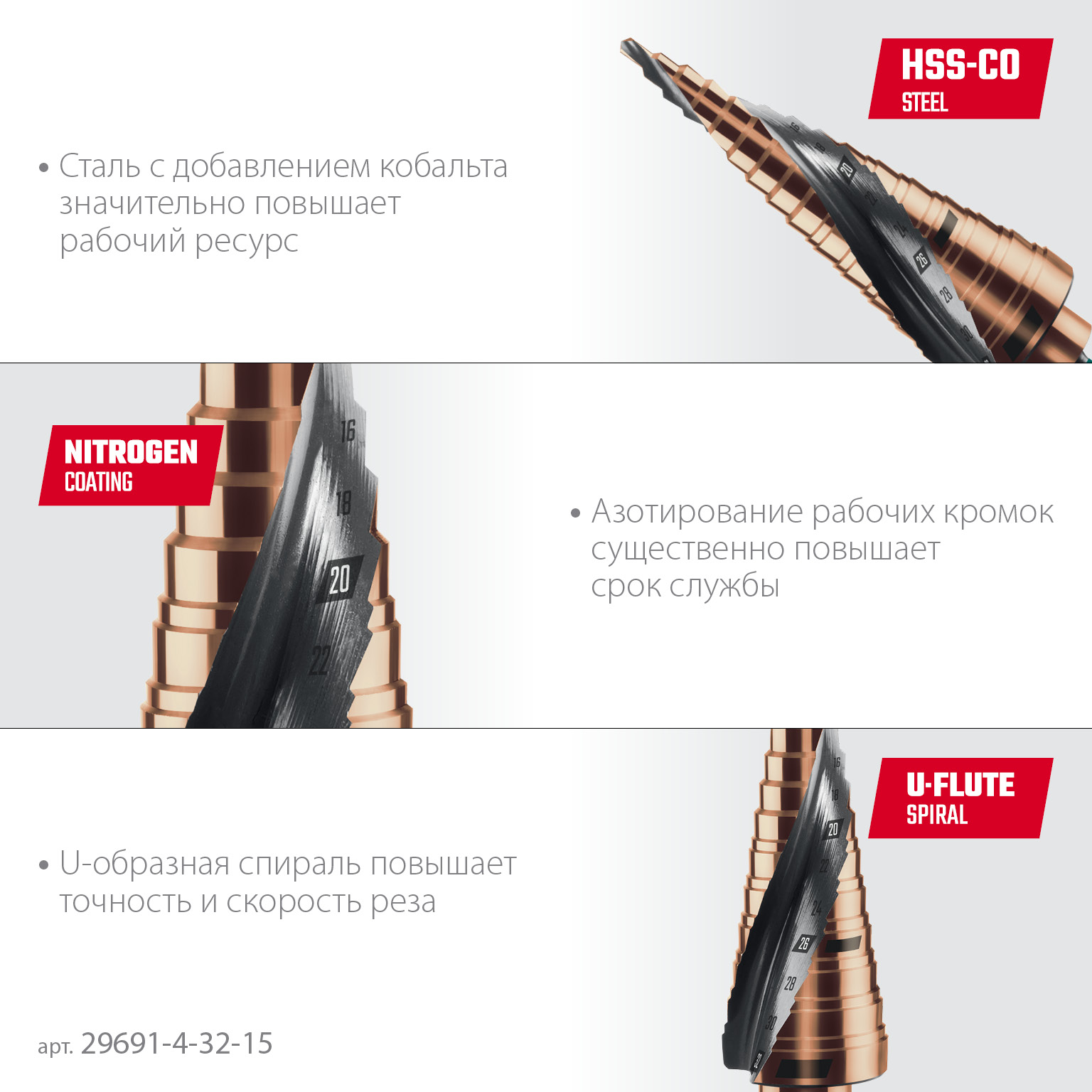 KRAFTOOL COBALT 4-32мм, 15 ступеней, азотирование, винтовая спираль, сверло ступенчатое(29691-4-32-15)