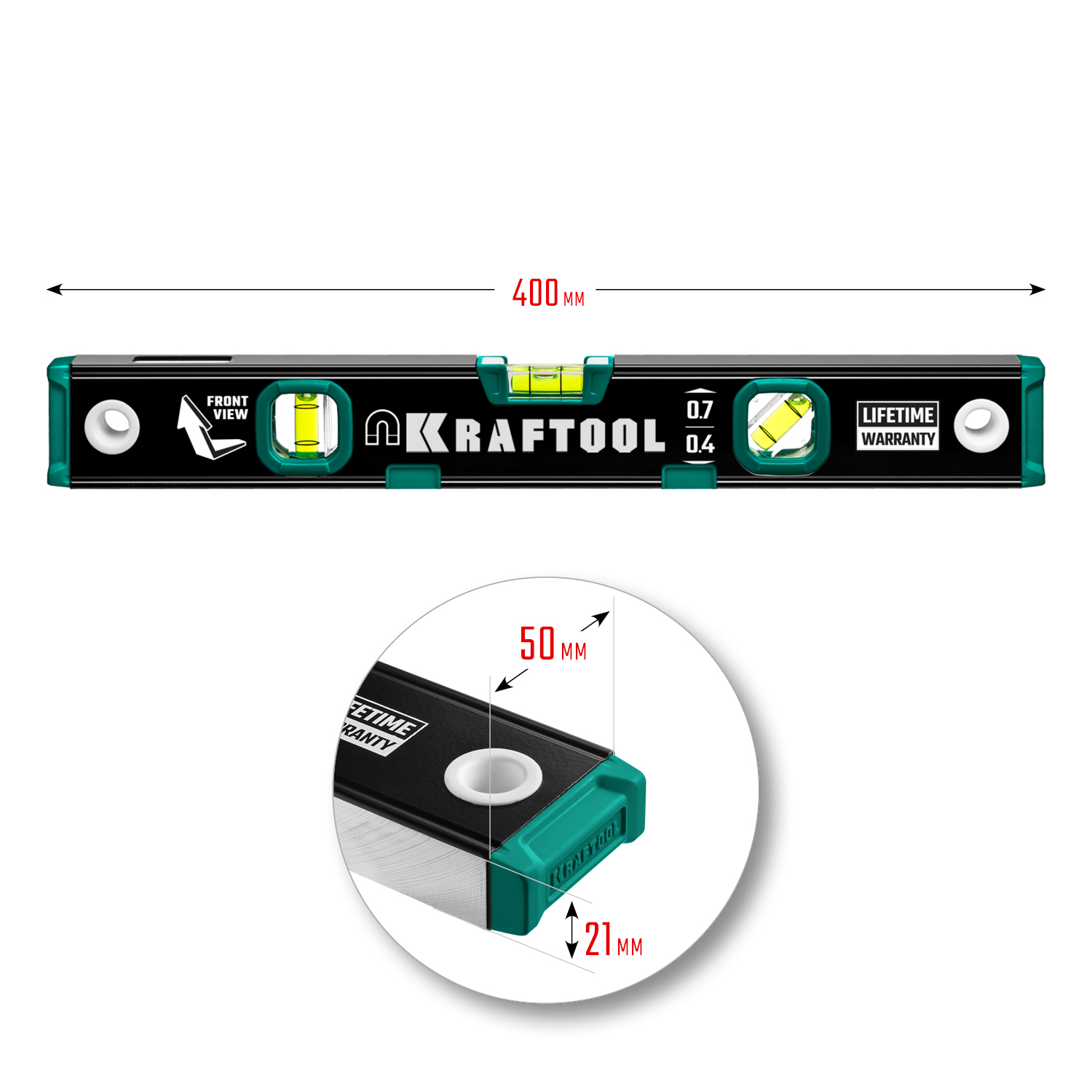 KRAFTOOL 400 мм, усиленный профиль, с зеркальным глазком, магнитный уровень (34785-40)