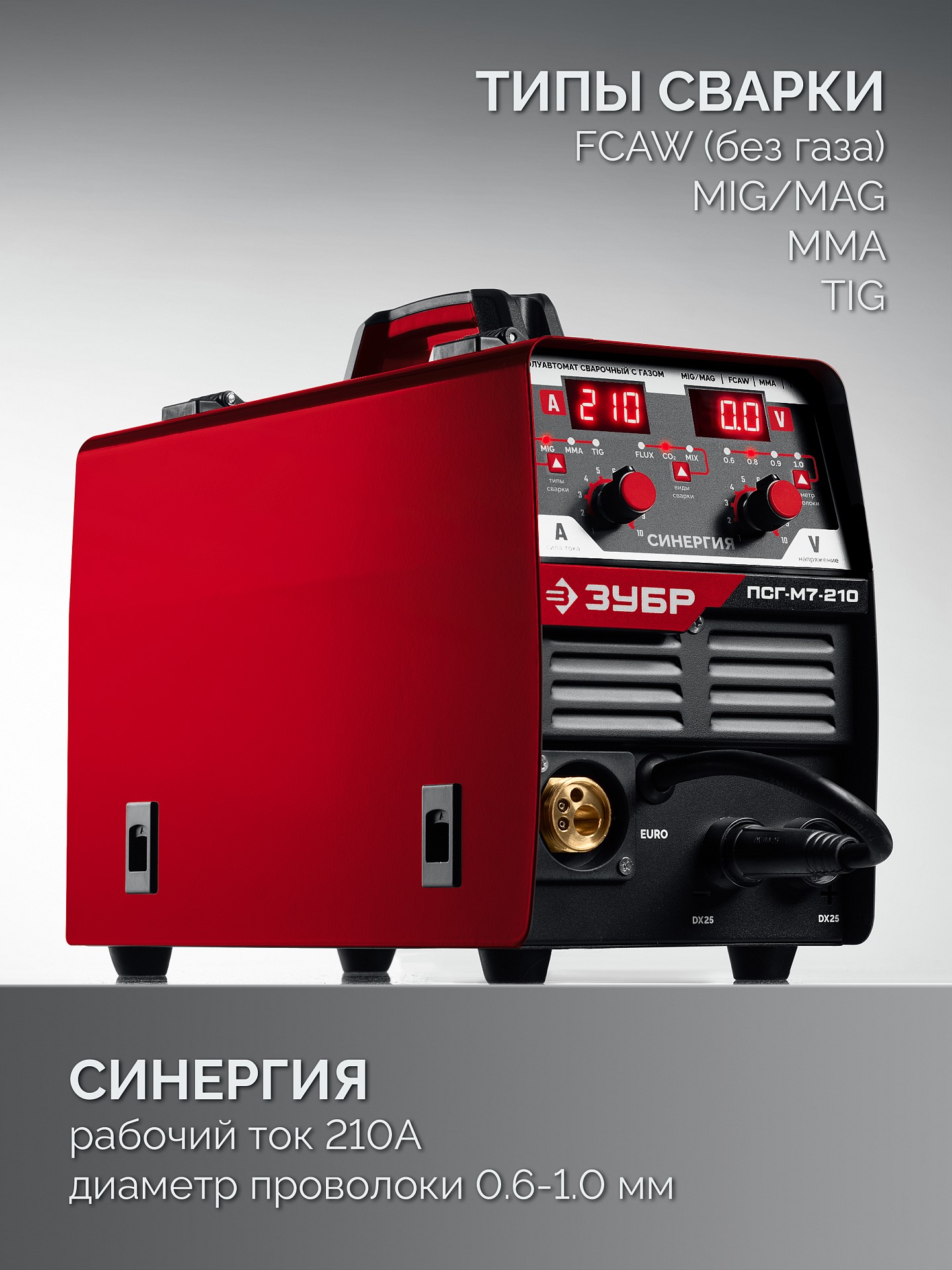 ЗУБР СИНЕРГИЯ, MIG / MAG, FCAW, MMA, TIG, 210 А, полуавтомат сварочный, с газом / без газа, горелка ПСГ-220 (ПСГ-М7-210)