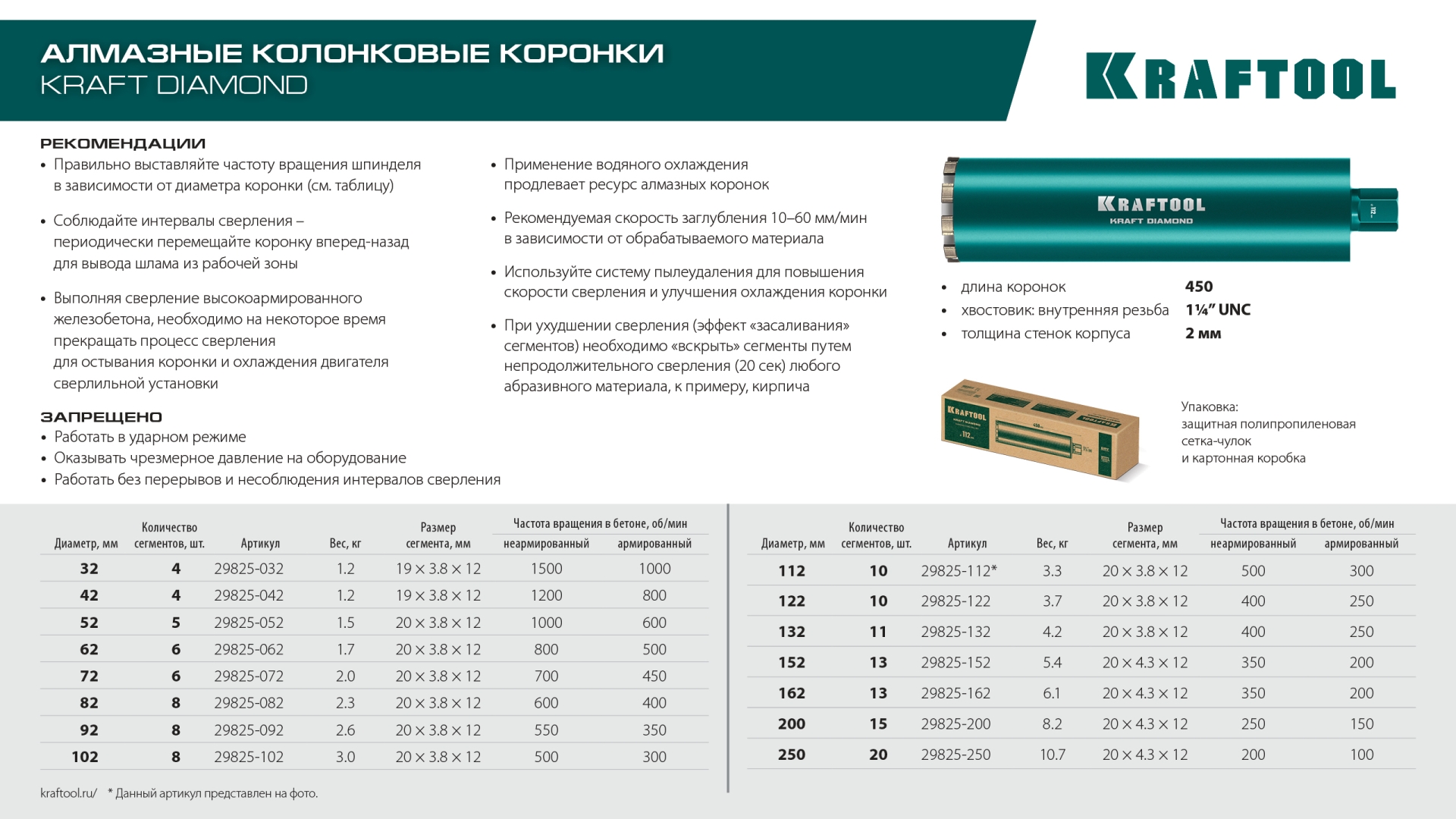 KRAFTOOL DIAMOND 42 мм (450 мм, 1 1/4″, лазерная сварка, сухое сверление с микроударом), алмазная коронка по железобетону (29825-042)
