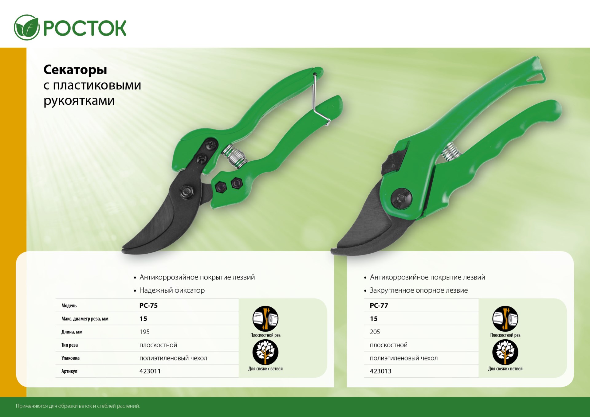 РОСТОК PC-75, 195 мм, с пластиковыми рукоятками, плоскостной секатор (423011)
