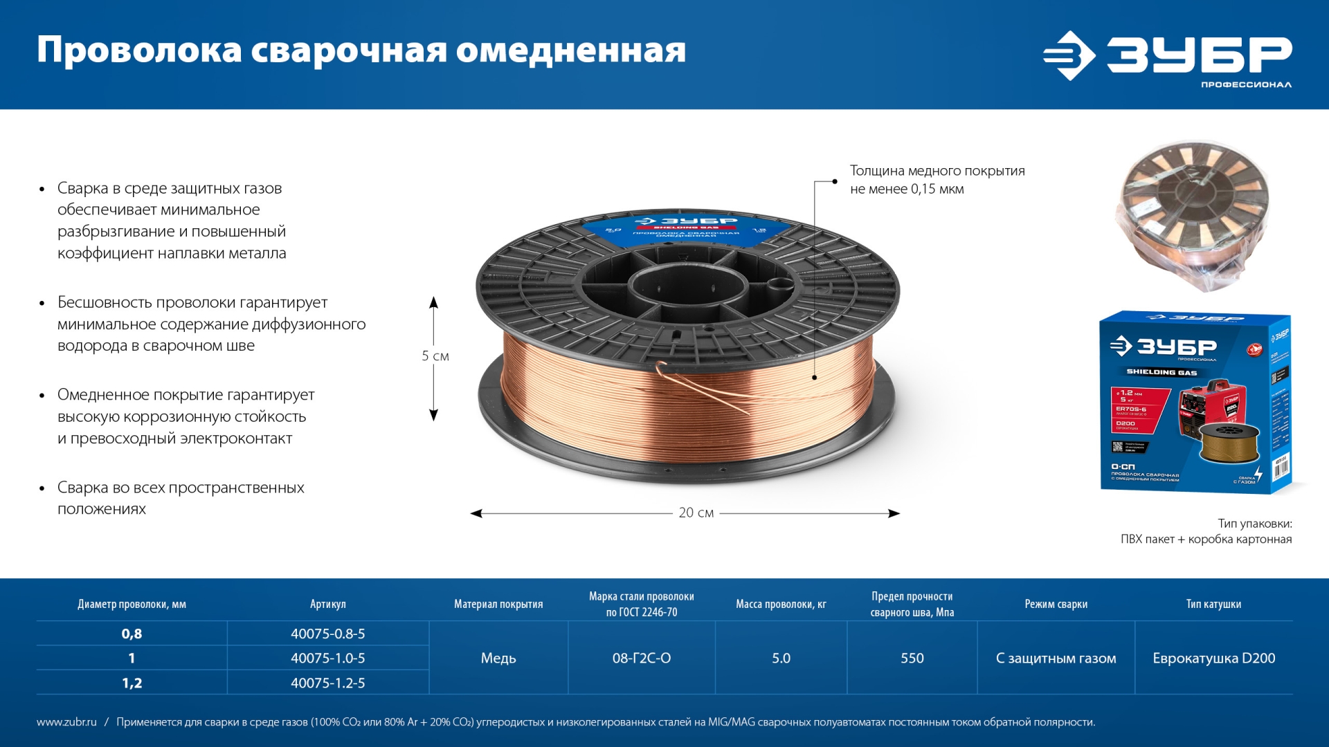 ЗУБР О-СП, d 1.2 мм, 5 кг, омеднённая сварочная проволока, тип ER70S-6 (аналог Св-08Г2С-О), Профессионал (40075-1.2-5)