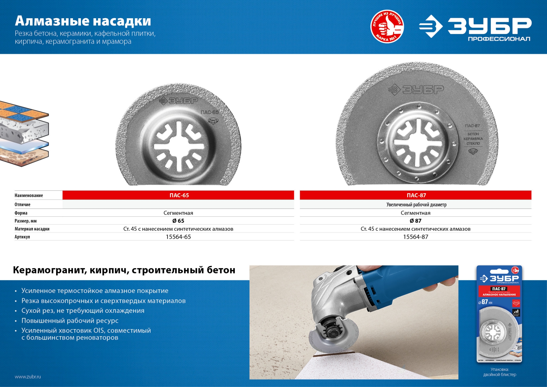ЗУБР ПАС-65 UniLock, 65 мм, OIS-хвост., насадка сегментная, Профессионал (15564-65)
