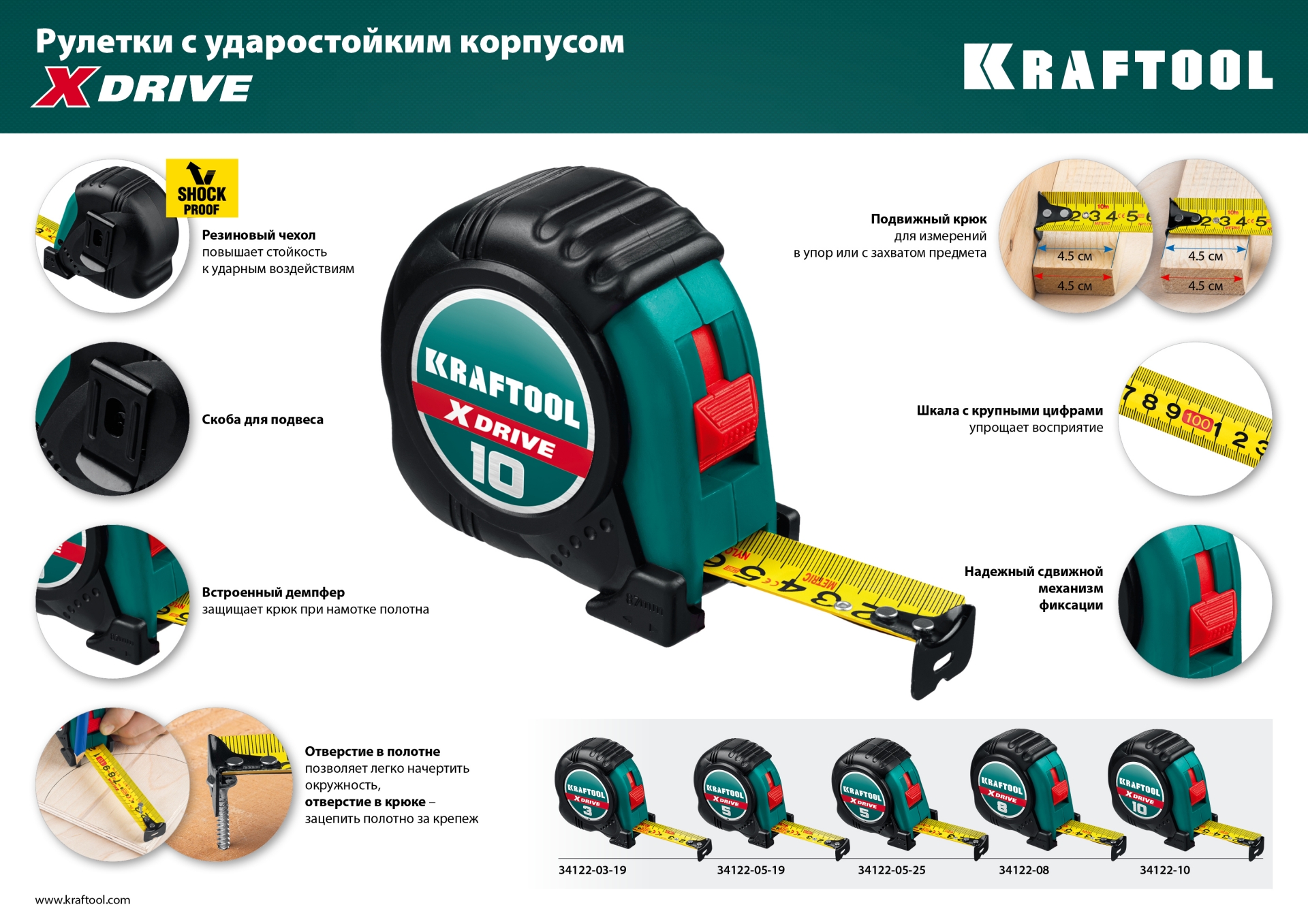 KRAFTOOL X-Drive, 5 м х 19 мм, рулетка (34122-05-19)