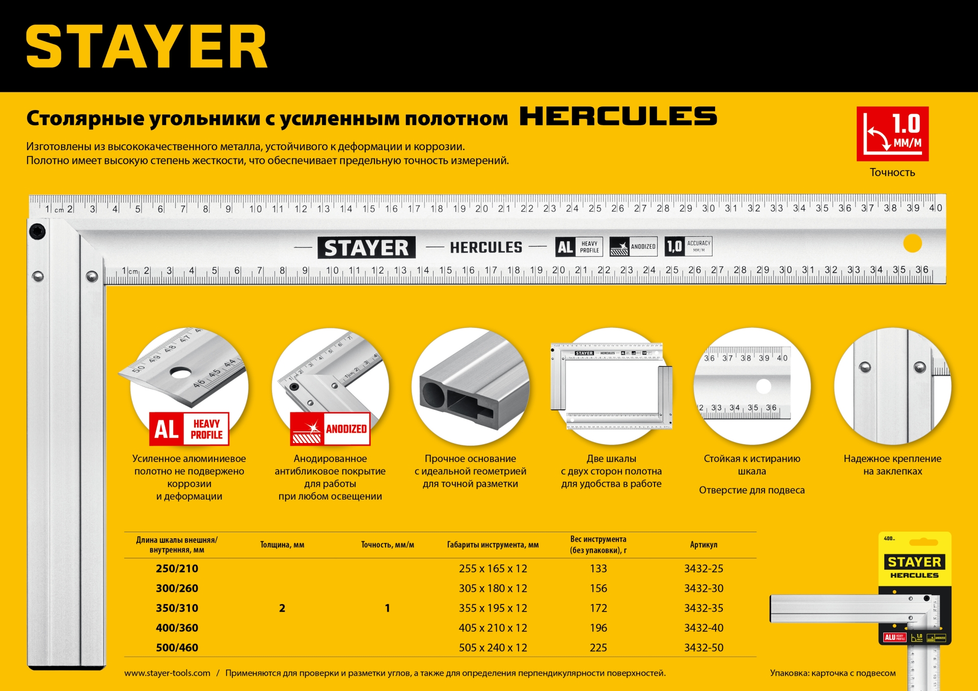 STAYER 250 мм, жесткий столярный угольник, Professional (3432-25)