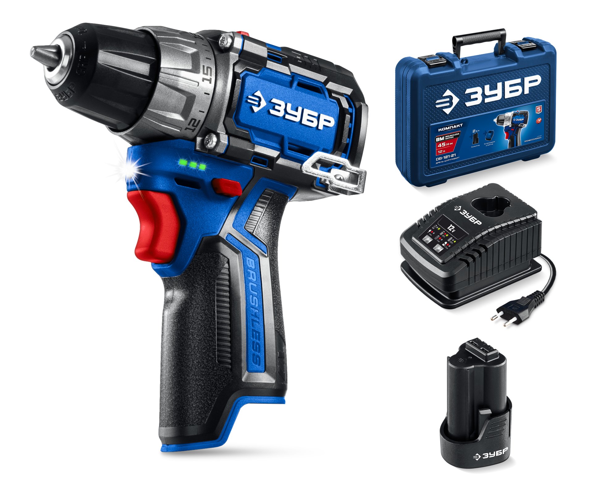 ЗУБР КОМПАКТ #2, 12 В, 45 Н·м, 1 АКБ тип Т7 (2 А·ч), дрель-шуруповерт, BRUSHLESS, кейс, Профессионал (DB-121-21)