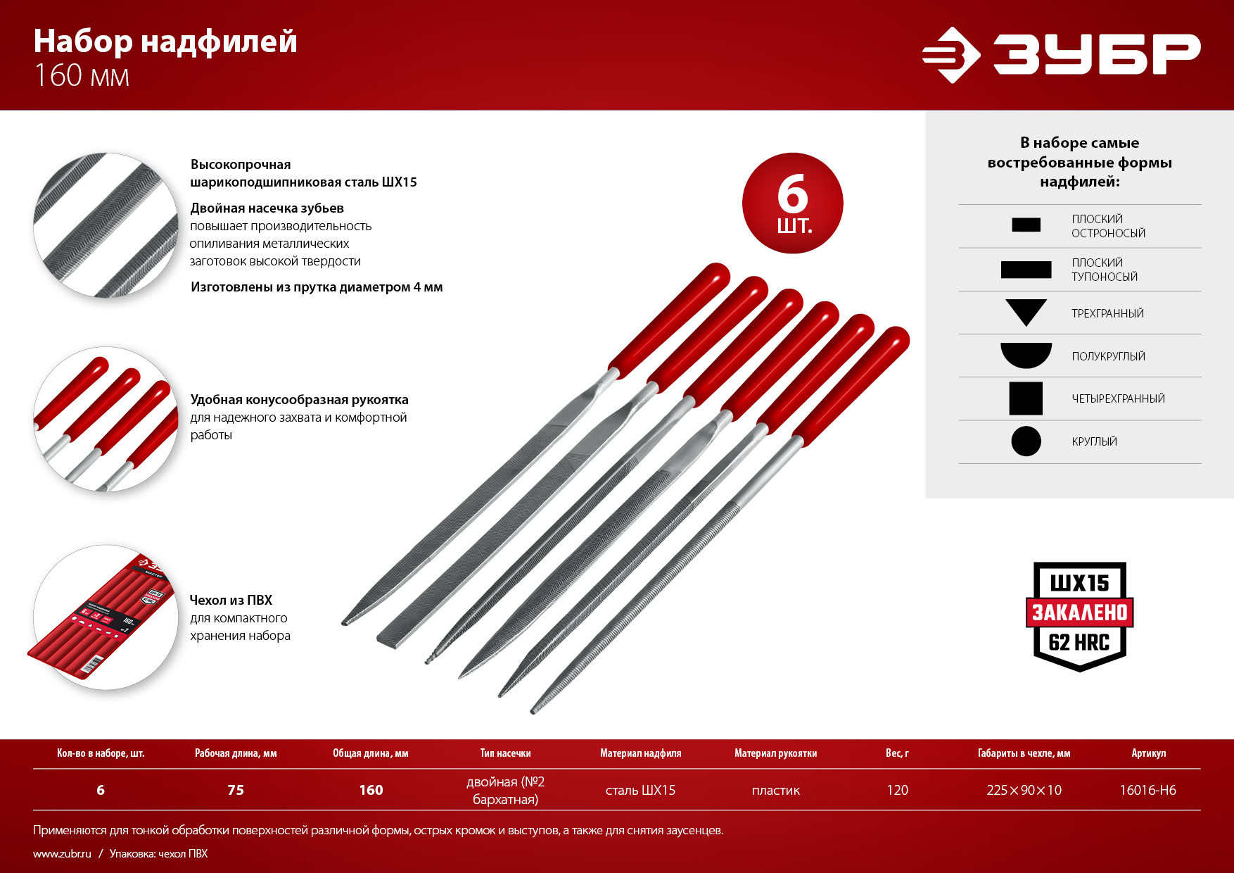 ЗУБР 6 шт, 160 мм, в чехле, с ручками набор надфилей (16016-H6)