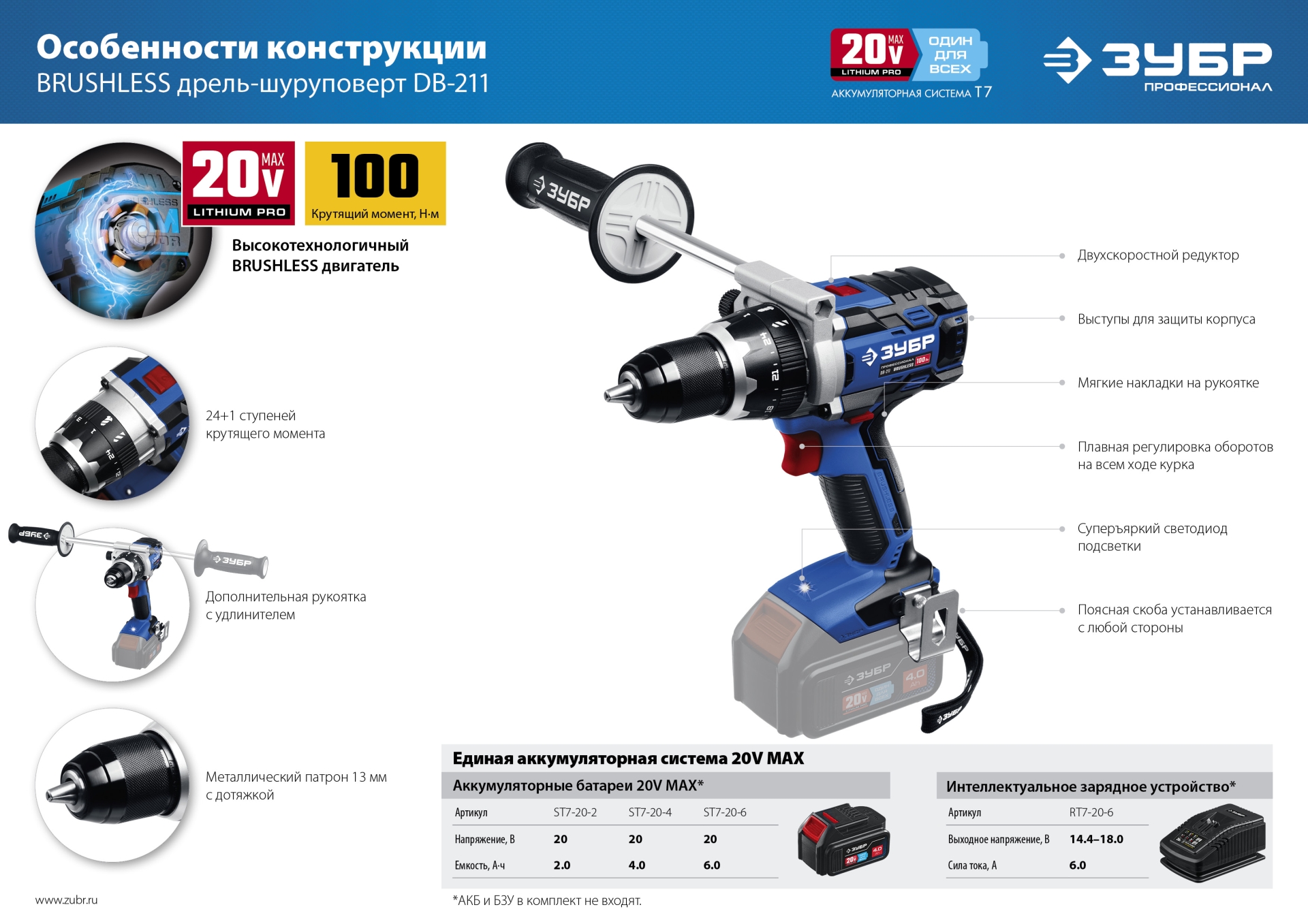 ЗУБР Т7, 20 В, 100 Н·м, 2 АКБ (4 А·ч), бесщеточная дрель-шуруповерт, кейс, Профессионал (DB-211-42)