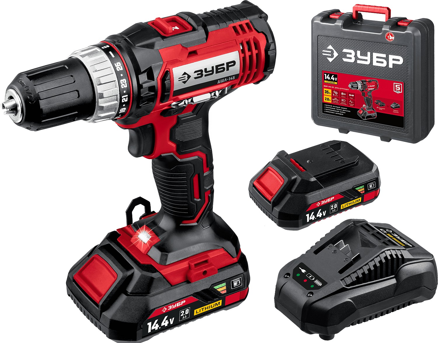 ЗУБР С1, 14.4 В, 35 Н·м, 2 АКБ (2 А·ч), дрель-шуруповерт, кейс (ДШЛ-145-22)
