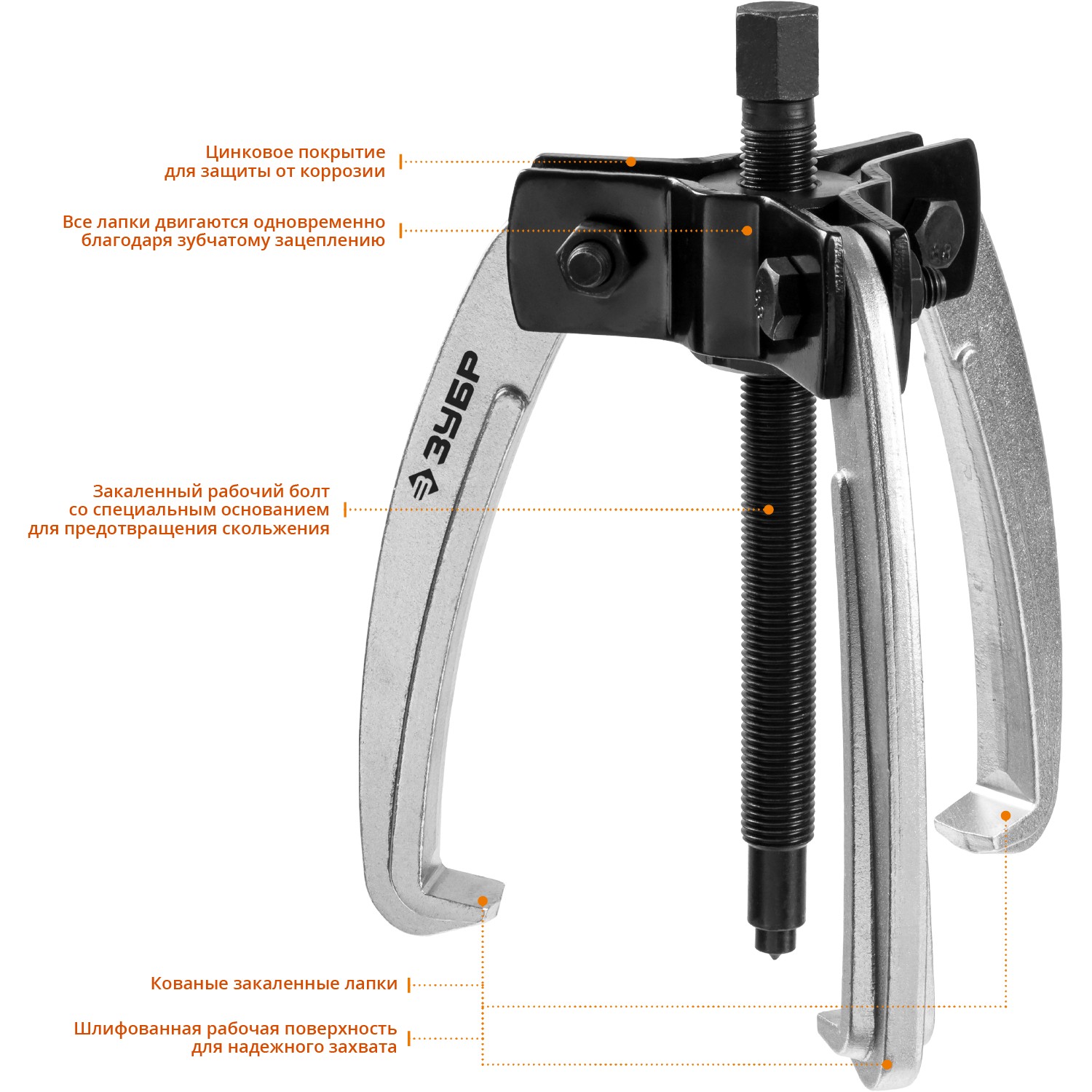 ЗУБР d 50 - 200 мм, шарнирный трехзахватный съемник с серповидными захватами, Профессионал (43323-160)
